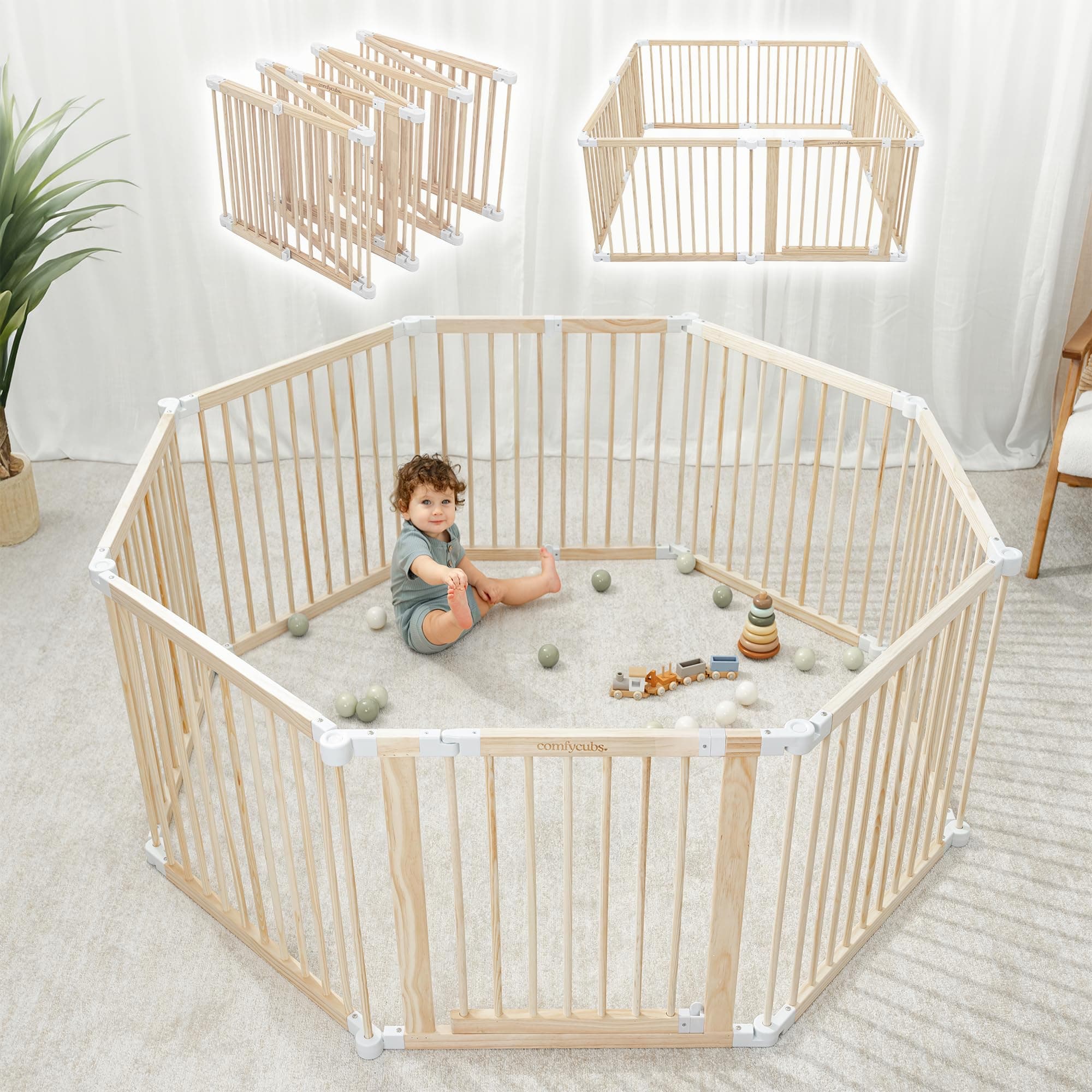 Comfy Cubs Baby Playpen & Gate 144x144x63cm Play Fence - Natural Wood