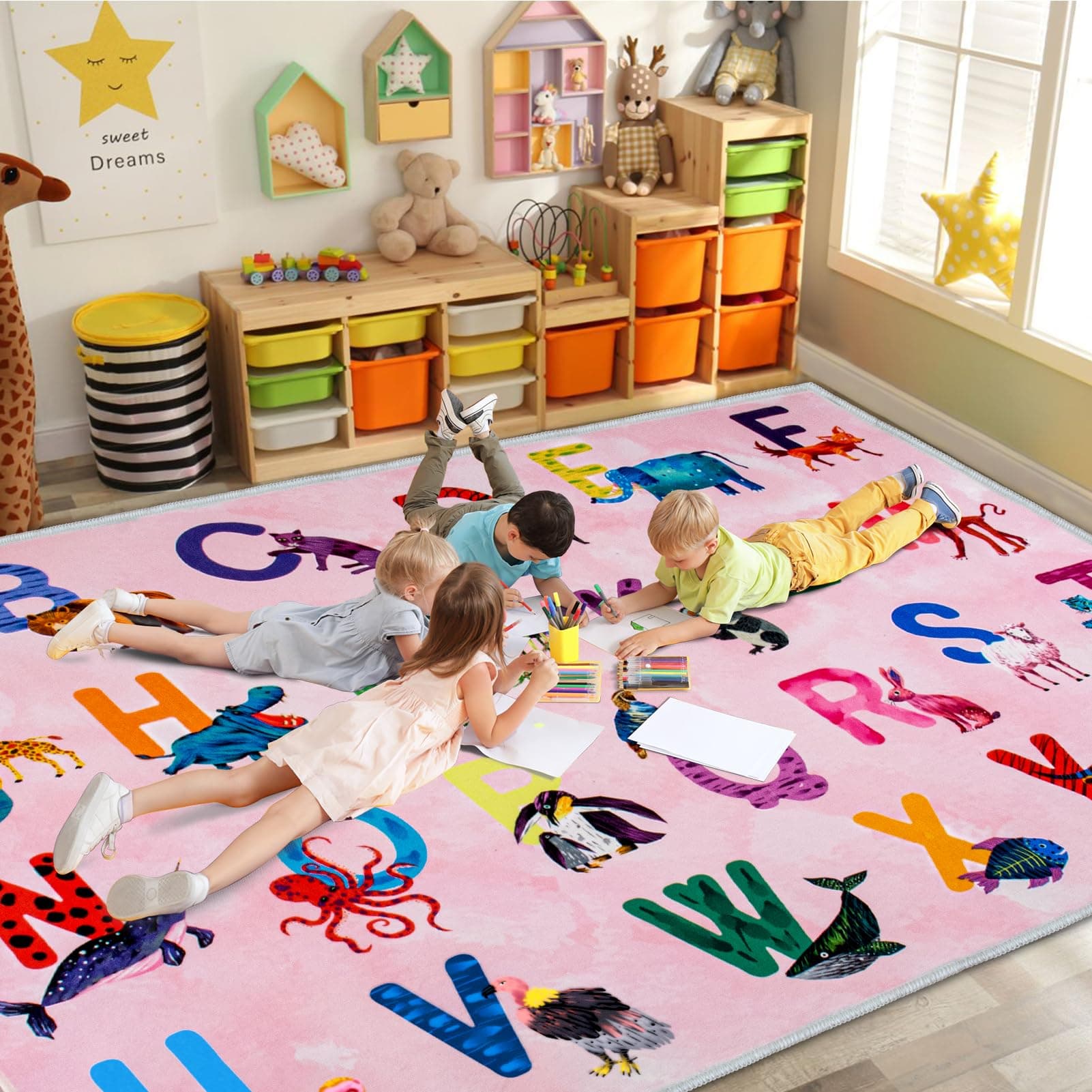 Truqual Classroom Rug Elementary, 5x7 Alphabet Rug, Light Pink