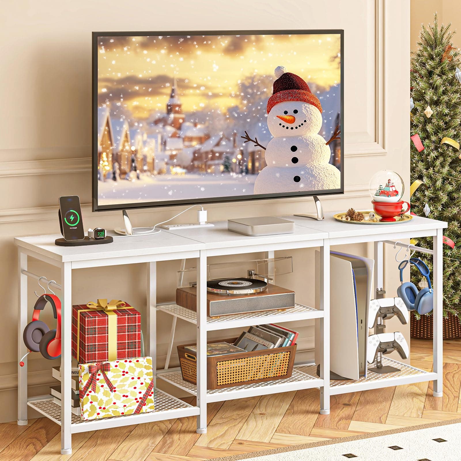 YGEOMER Entertainment Center for 55 inch TVs, TV Stand with Power Outlet and Open Storage Shelves, TV Media Console Table for Living Room and Bedroom, White