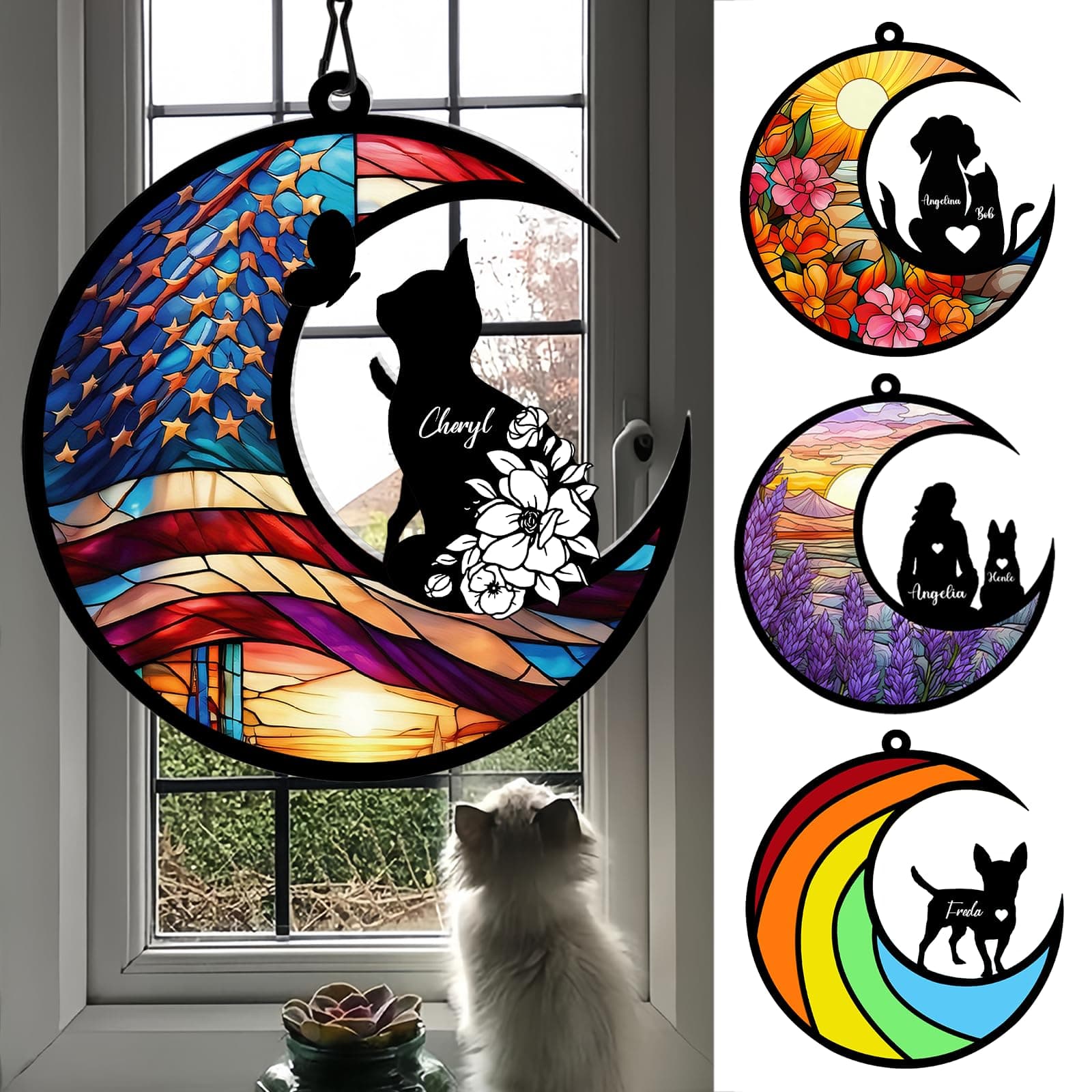 xrlsg Personalized Cat Memorial Suncatcher Custom Name Cat Breeds Suncatcher Ornament Loss of Cat Sympathy Gift for Cat Lover-3.93"
