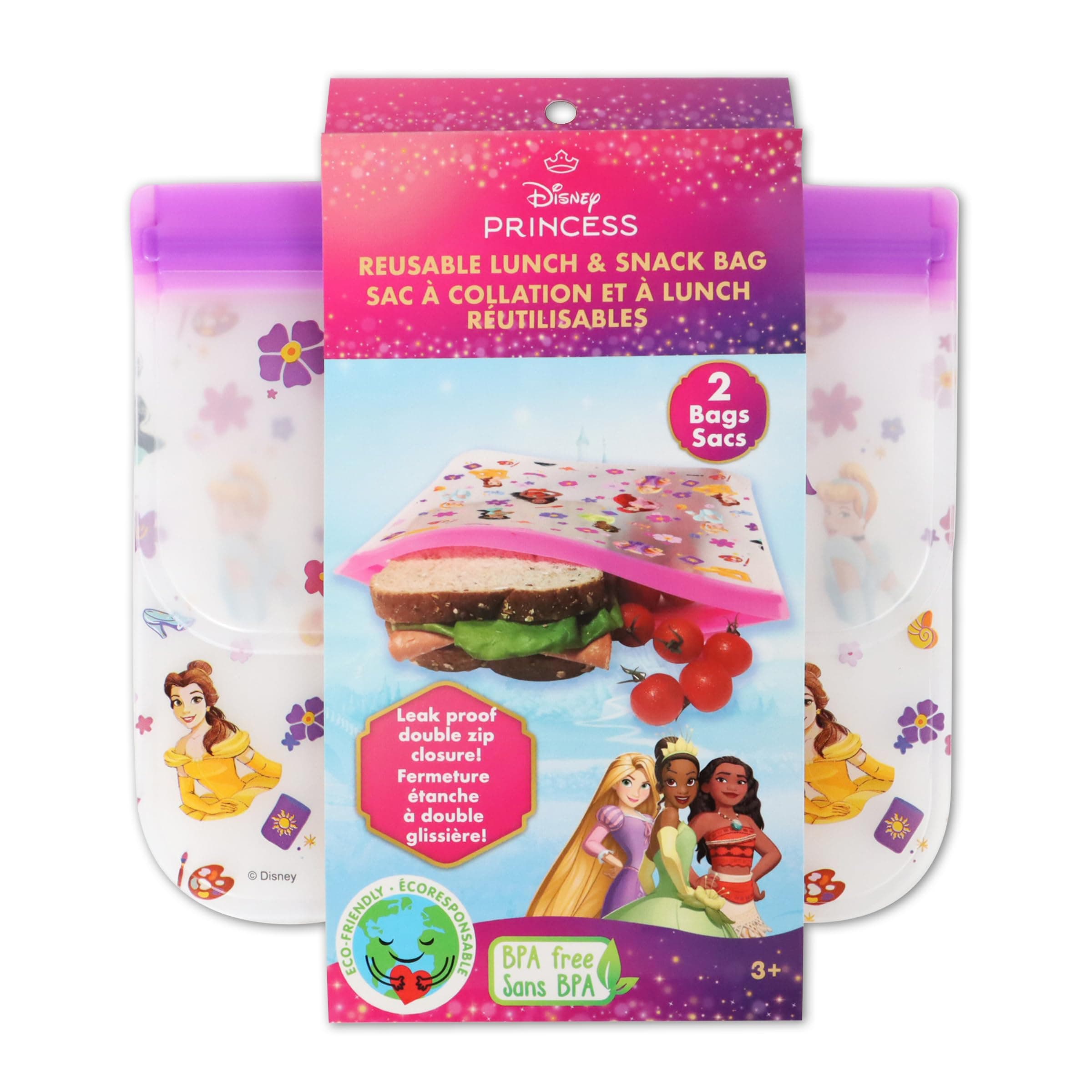 PEVA REUSABLE SNACK BAG 2 PK, FOR KIDS SCHOOL LUNCH, WASHABLE AND FOOD-SAFE- PRINCESS
