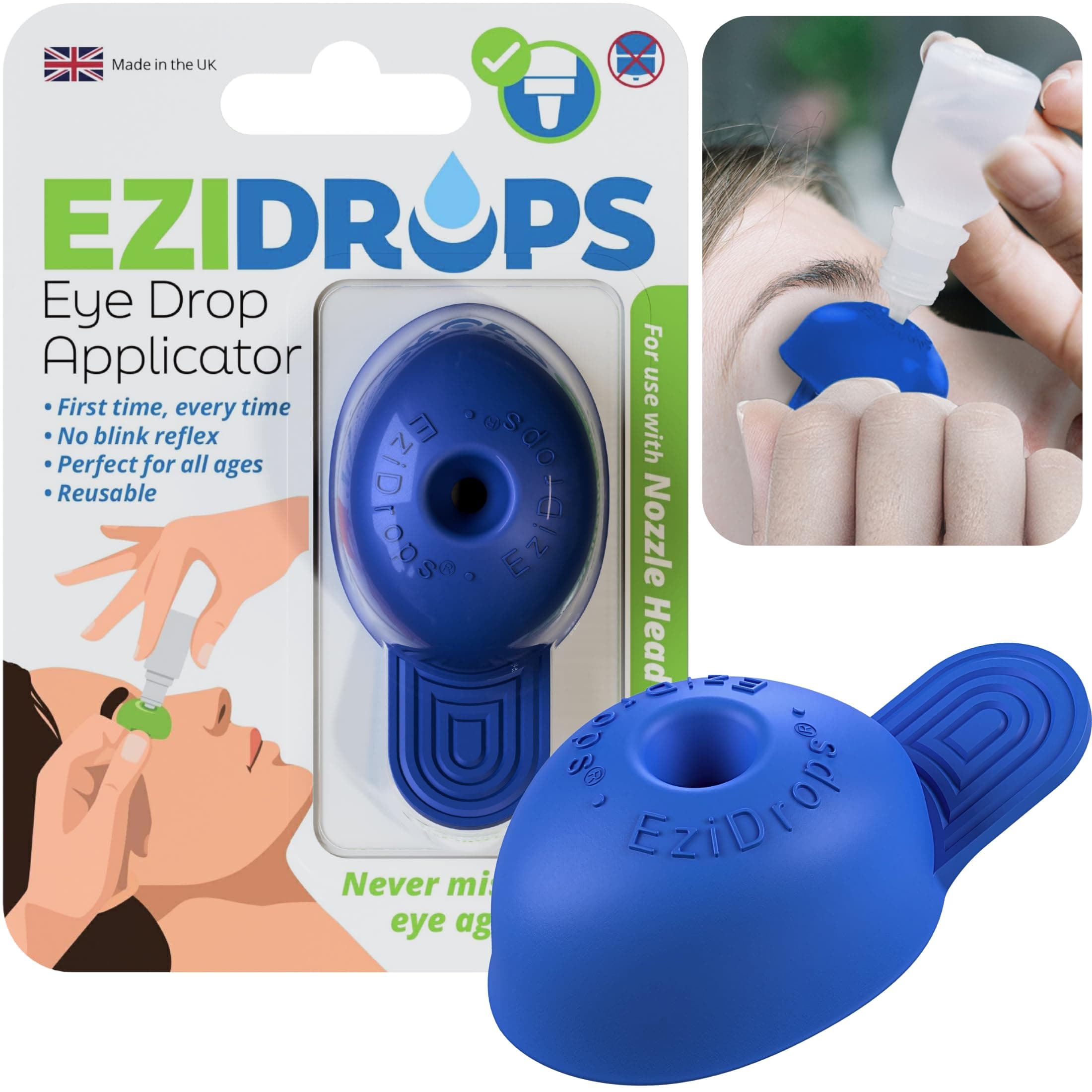 EziDrops Eye Drop Dispenser for Elderly – Suitable for All Ages – Easy-to-Use Eye Dropper Dispenser for Nozzle Head Bottles – Stops Blink Reflex – Reusable, Precise & Comfortable (Blue)