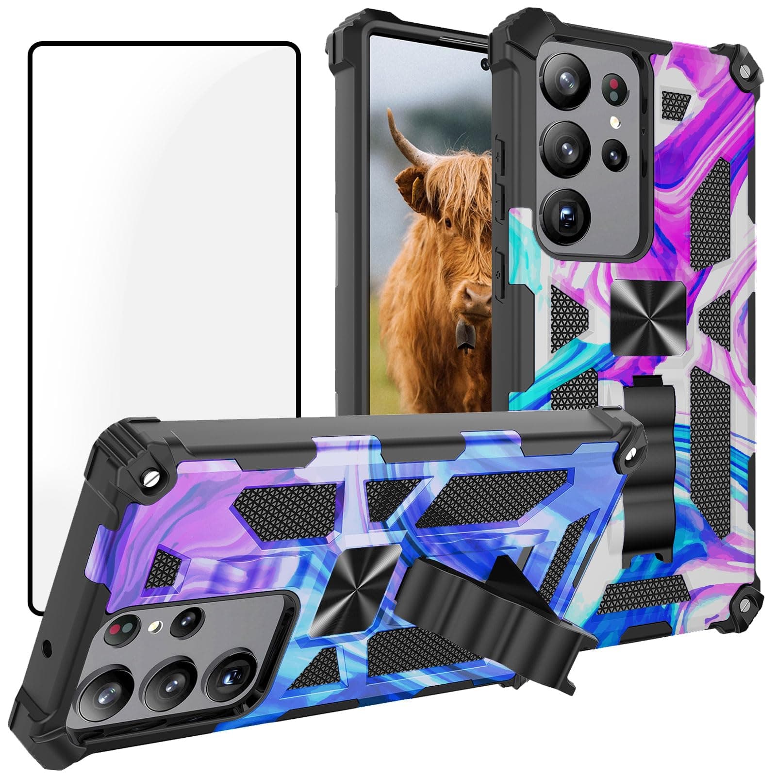 Ailiber for Samsung Galaxy S25 Ultra Case with Kickstand, Galaxy S25 Ultra 5G Case with Screen Protector, for Magnetic Car Mount, Heavy Duty, Shockproof Protective Rugged Cover-Purple Blue