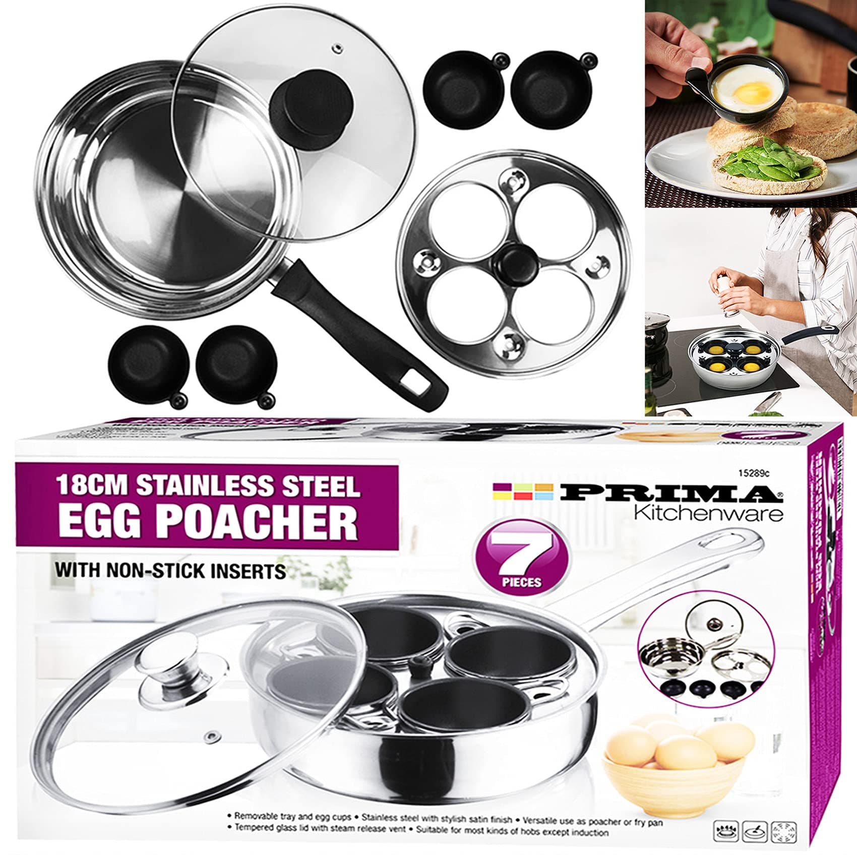 7 Pcs Prima 18cm Stainless Steel Egg Poacher | Boiler | S/S Saucepan | Cups | Frying Pan | Boiled | Poach | Glass LID | Non-Stick Inserts | 4 Hole | Home | Kitchen | Cooker | Steamer UK Free P&P