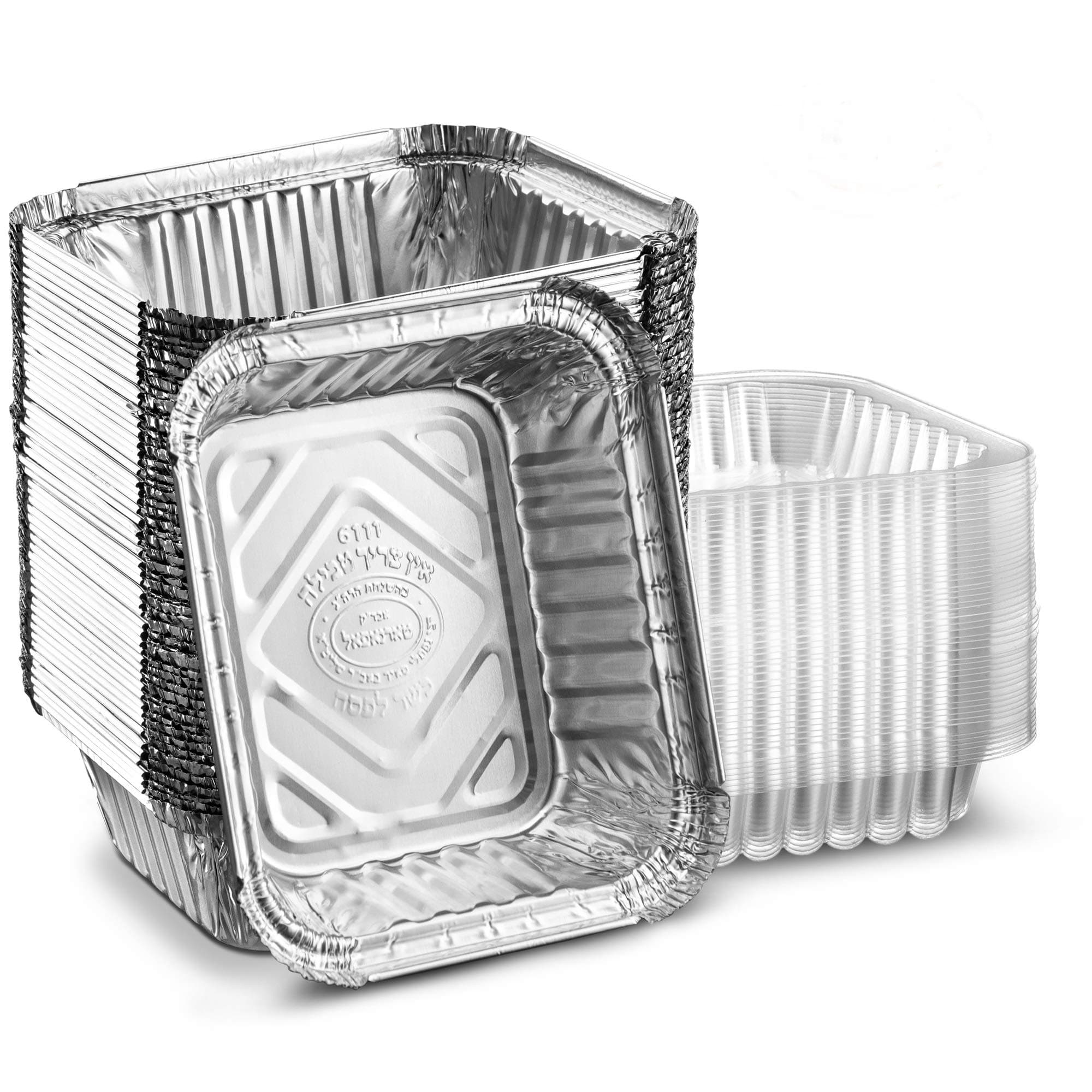 Propack Disposable Aluminum Oblong Takeout Foil Pans Combo With Plastic Lids 1 Pound Capacity Food Storage Containers Pack of 50 Sets (50 Pans & 50 Lids)