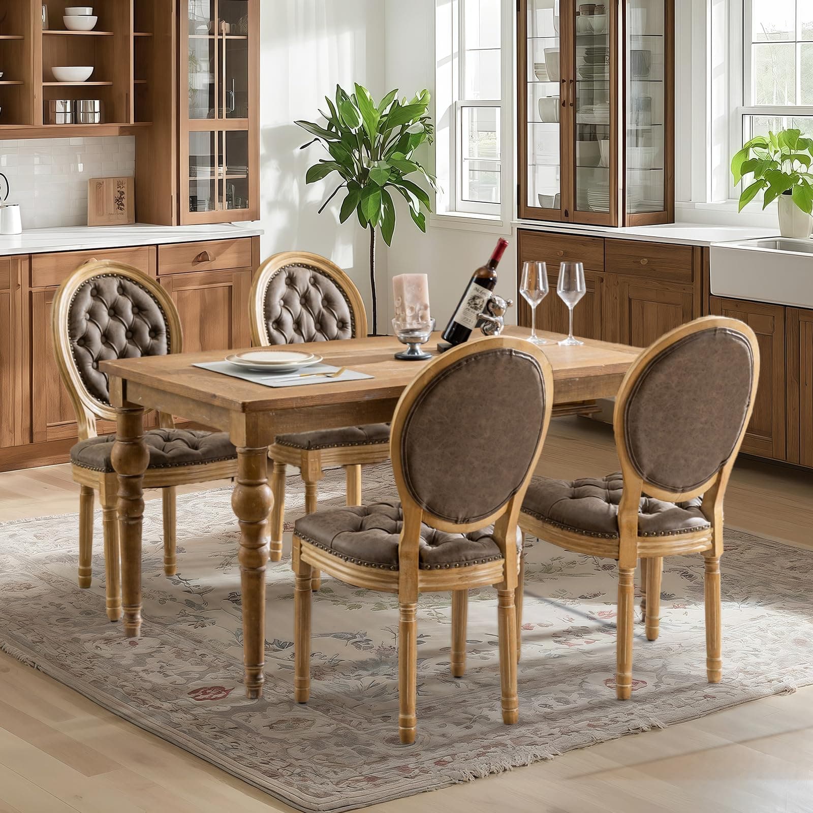 VICBARLEY French Country Dining Chairs Set of 4,Upholstered PU Leather Chairs with Round Back,Solid Wood Legs,for Living Room, Kitchen, Restaurant,Brown