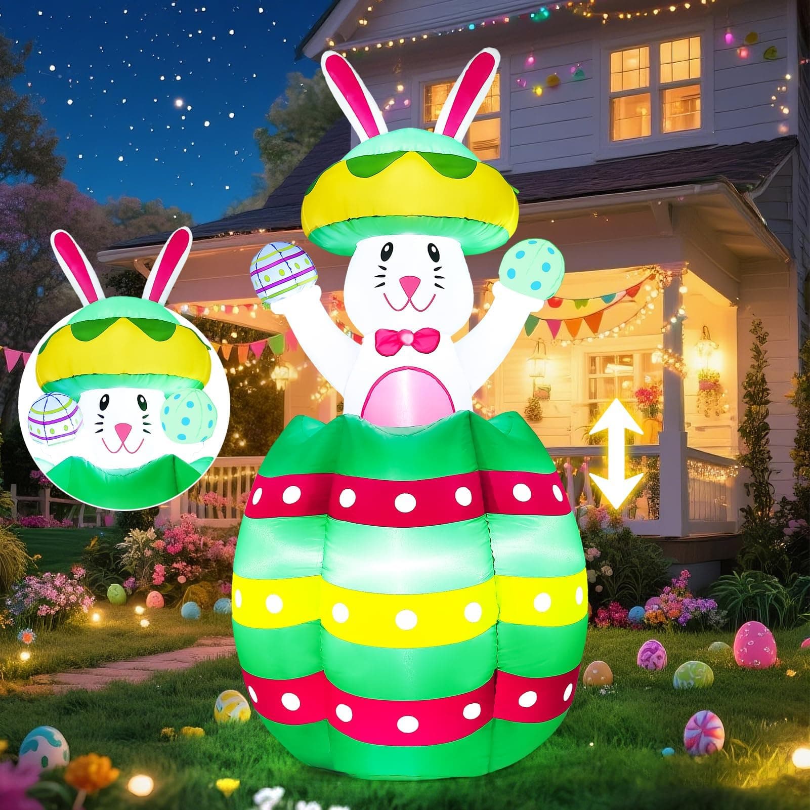 Easter Inflatables Outdoor Decorations 6FT Bunny Blow Up Pop Up and Down Out of Egg Rabbit Inflatable with Bulit-in Led Lights Yard Lawn Party Spring Home Décor
