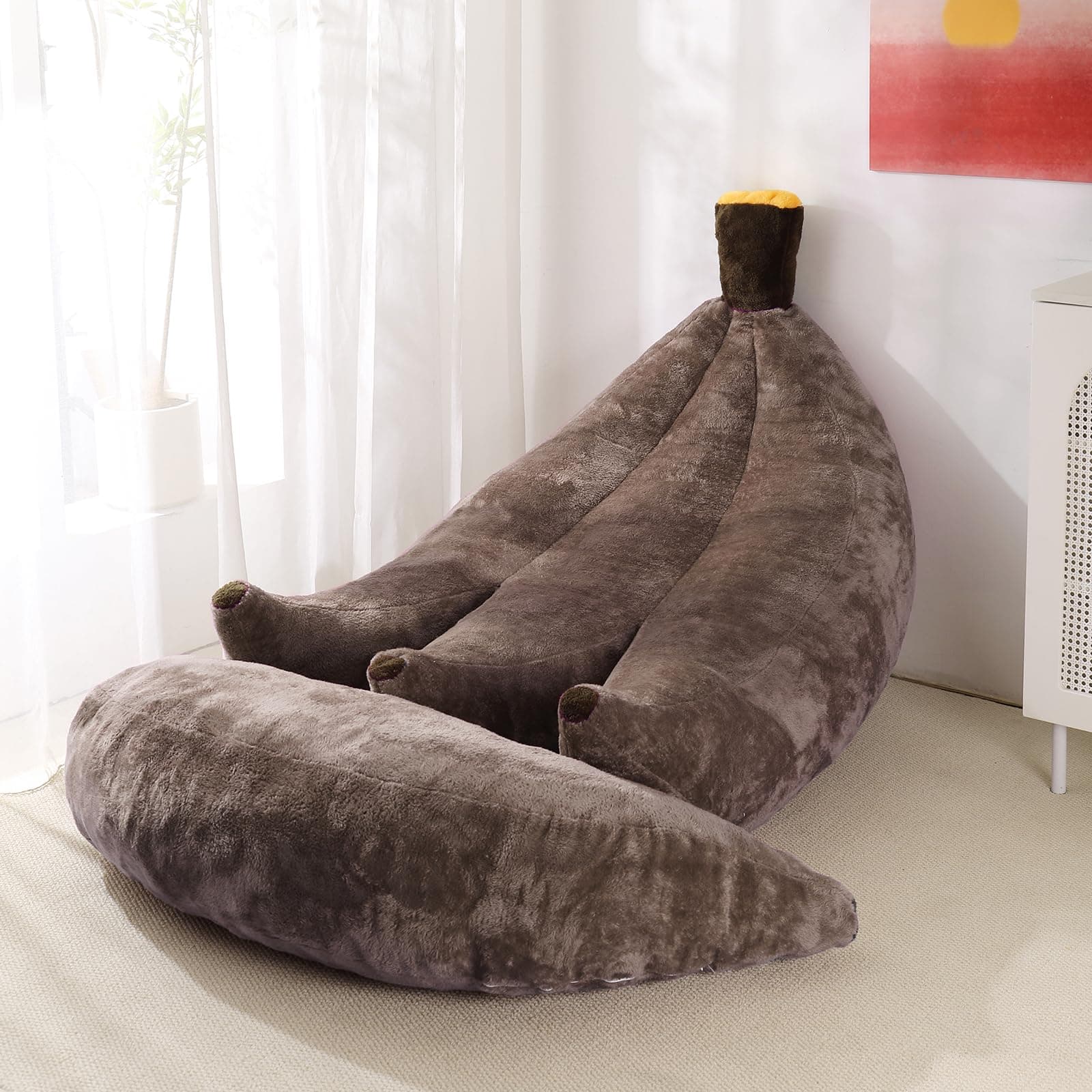 IEVENW Banana Bean Bag Chair with Ottoman, Floor Sofa Bed with Footrest, Comfy Convertible Lounger for Adults, Plush Couch for Bedroom, Living Room or Dorm, L-Coffee