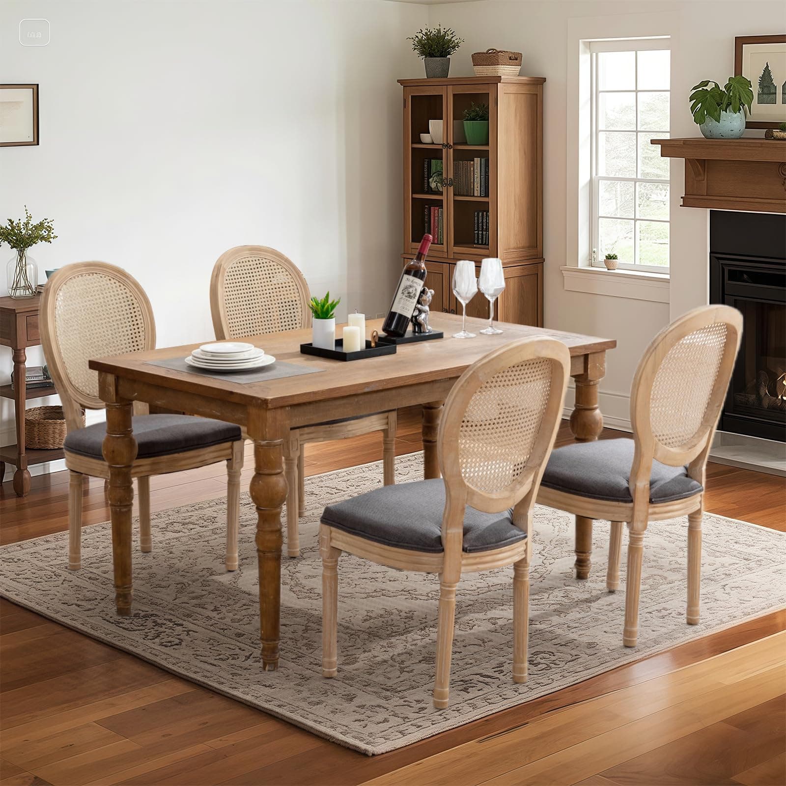 VICBARLEY French Country Dining Chairs Set of 4,Upholstered Chairs with Rattan Round Back,Solid Wood Legs,for Living Room, Kitchen, Restaurant,Grey