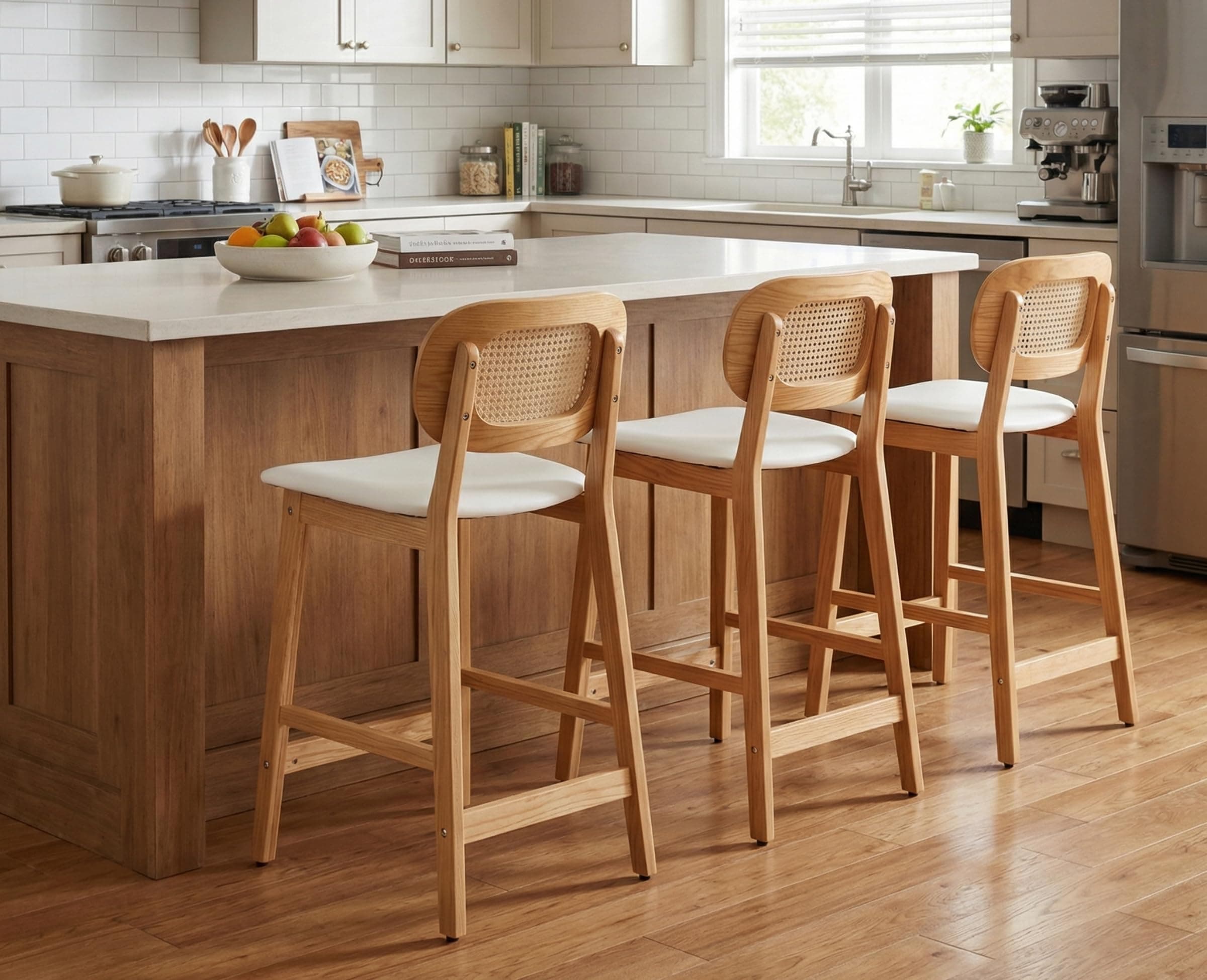 EALSON Rattan Counter Height Bar Stools Set of 3 Modern Farmhouse Barstools with Cane Backs 26 Inch Wood Counter Stool Breakfast Upholstered Bar Chairs for Kitchen Island, Leather White
