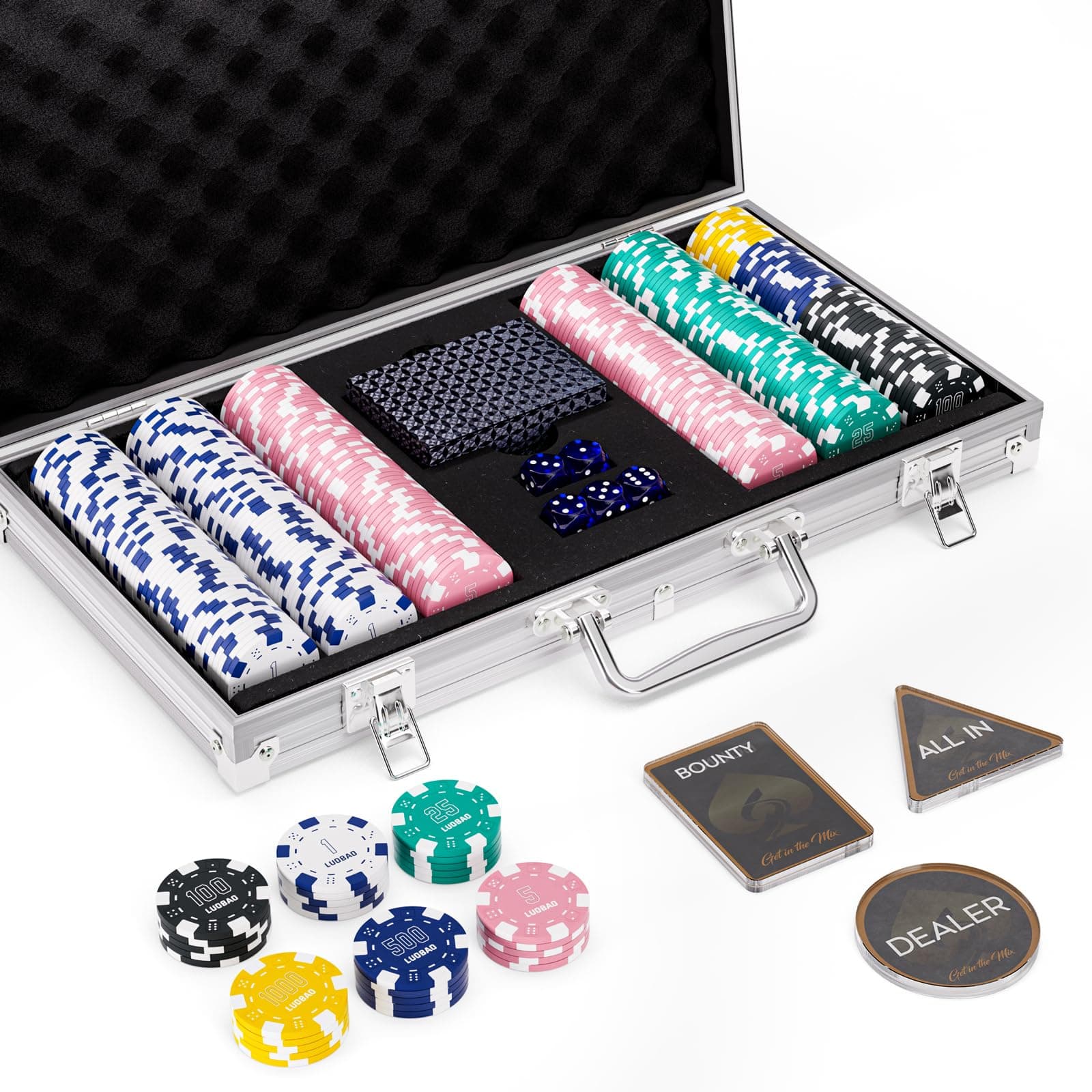 LUOBAO Poker Chips Set for Texas Holdem,Blackjack, Tournaments with Aluminum Case,2 Decks of Cards, Dealer, Small Blind, Big Blind Buttons and 5 Dice,11.5 Gram (300 Pcs Numbered 1#)