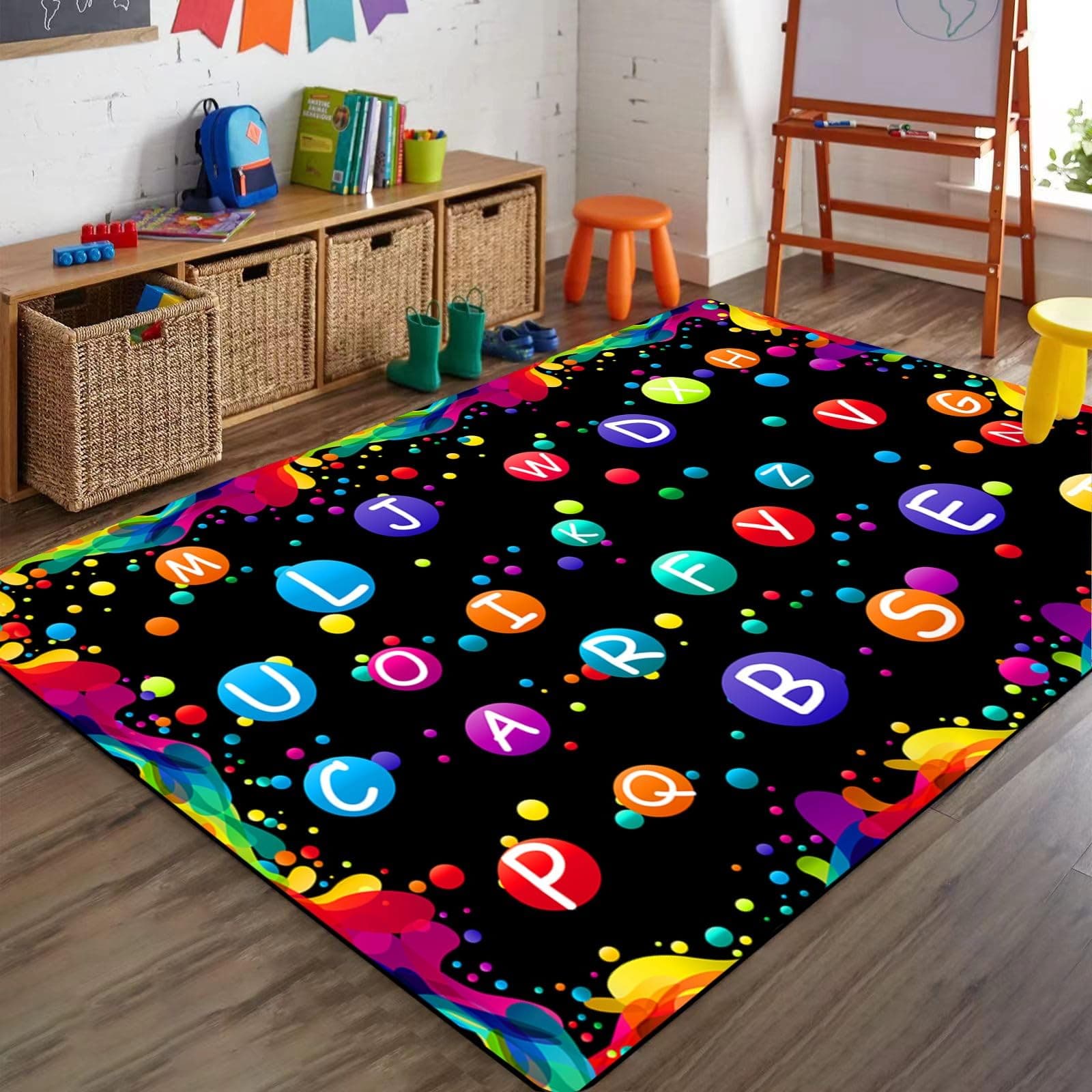 Colorful Painting Area Carpet, 3x5ft, Rainbow ABC Alphabet Playroom Rugs, Foldable Durable Durable Washable Area Rugs, Soft Reduce Noise Cozy Low Pile Mats for Bedside Dorm
