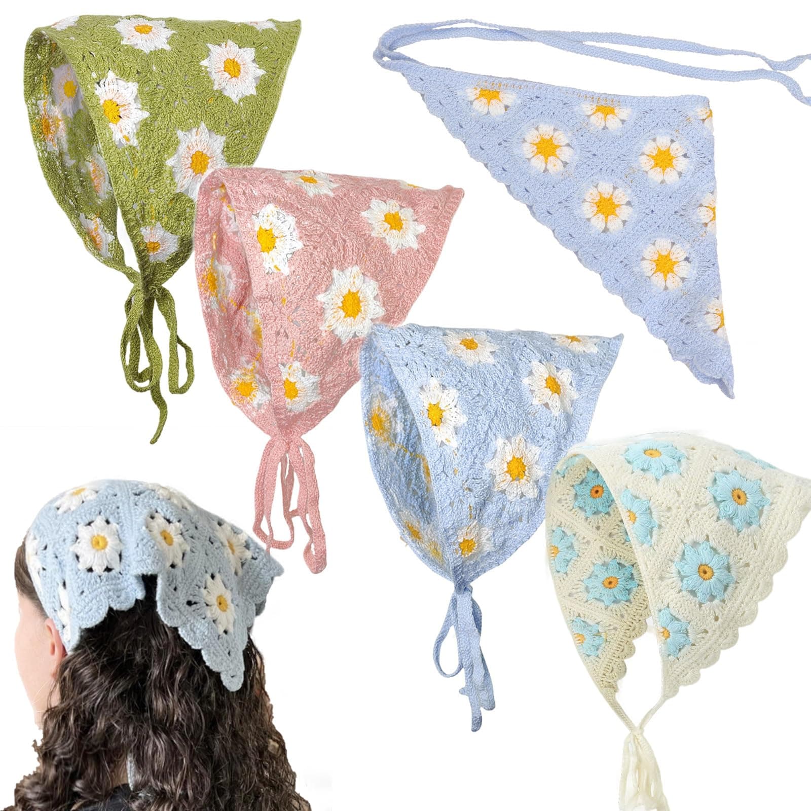 KuuGuu Crochet Bandanas Headbands Cute Flowers Hairbands Pink Knitted Headscarf Green Daisy Head Scarf Foral Headwrap, Fresh, A