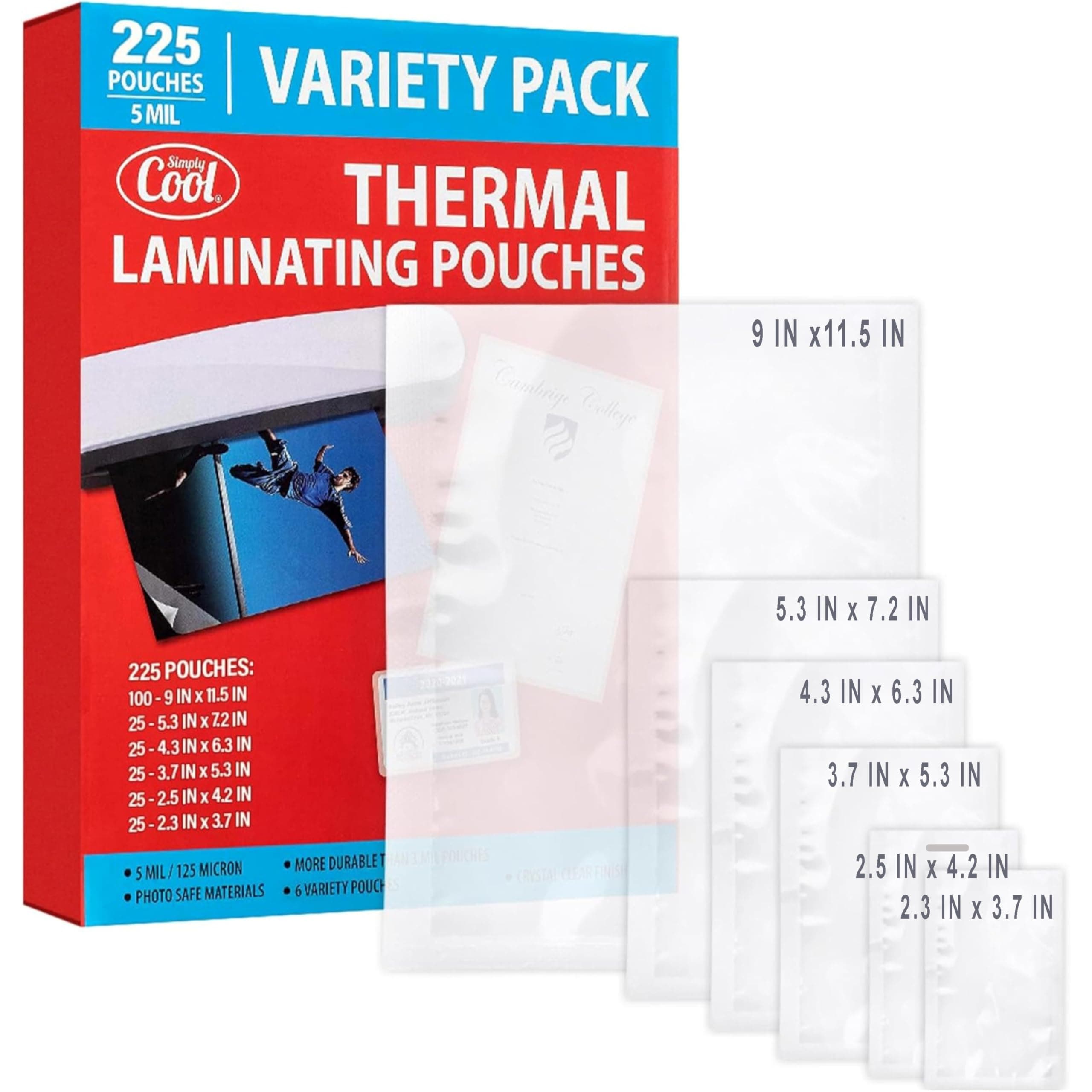 5MIL Thermal Laminating Sheets (225 Count) Letter, Photo, Card, Notecard, ID Badge and Business Card Sizes, Laminating Pouches, Compatible with Laminators, Crystal Clear Laminated Finish