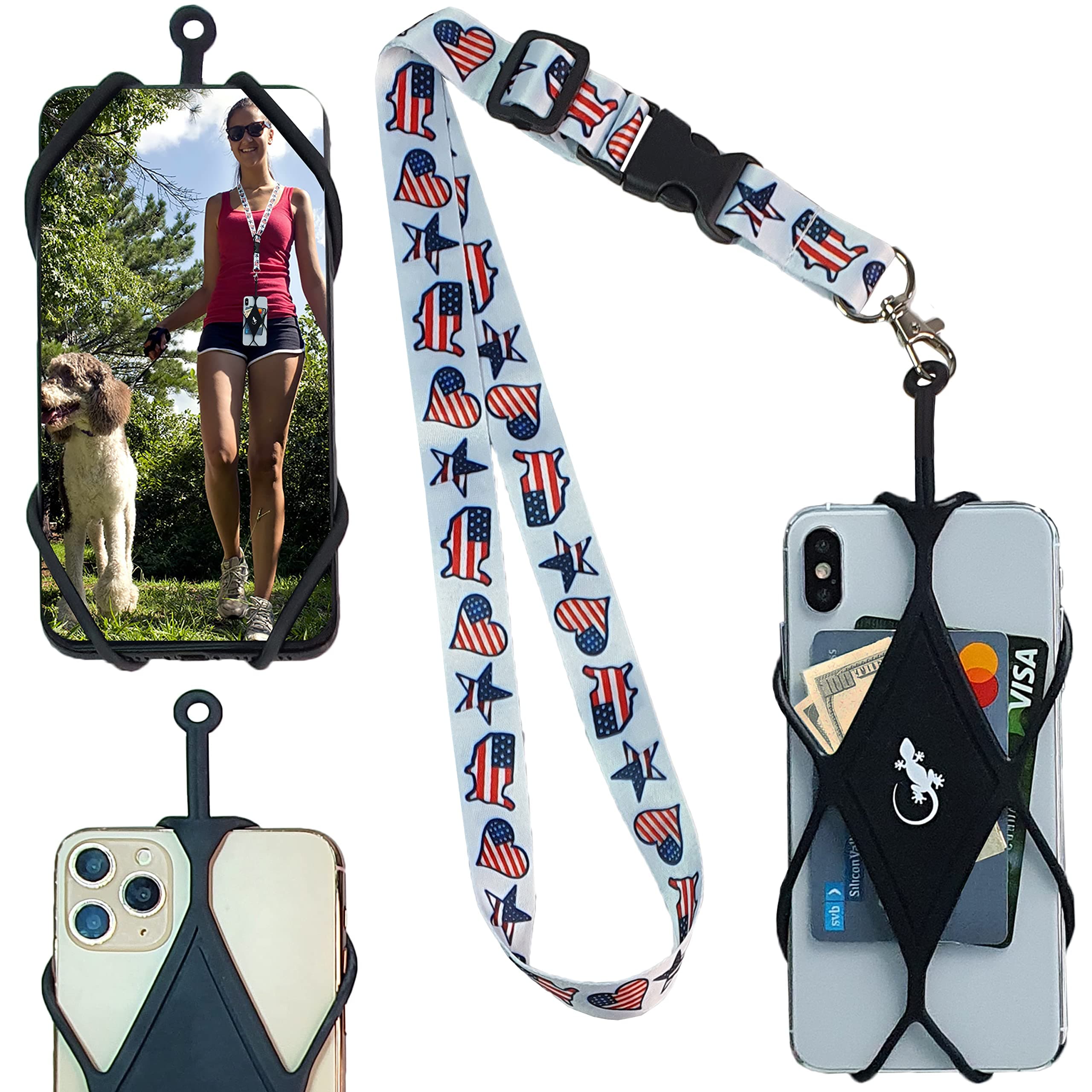 Cell Phone Holder for Walking with Universal Lanyard Phone Case for most Smartphones by Gecko Travel Tech (USA Neck - BLACK Diamond)
