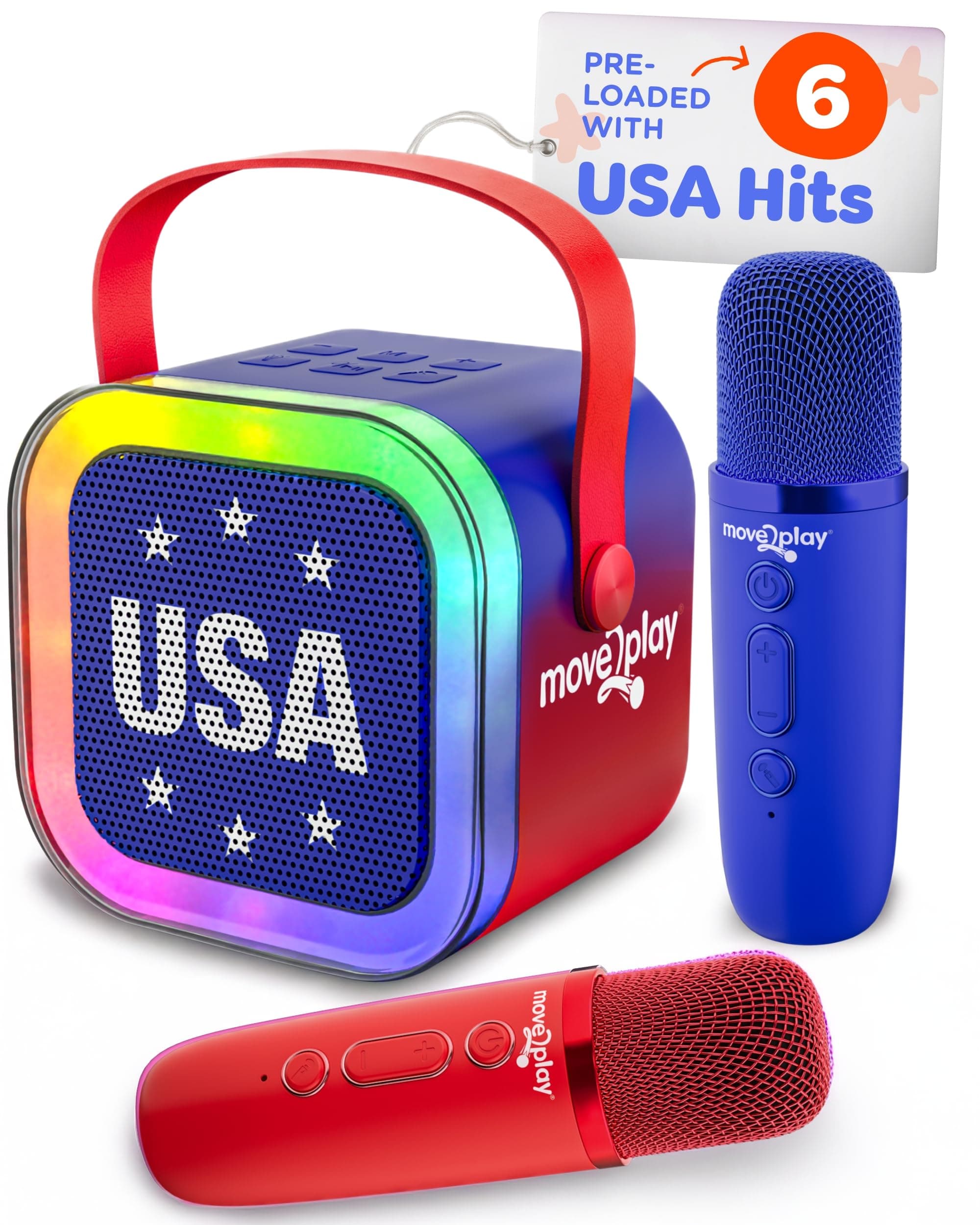 Move2Play, USA Karaoke Machine for Children, Includes 20+ American Songs, 2 Microphones, Bluetooth Connection for 3, 4, 5, 6, 7+ Years, Toy for Girls & Boys, Super Bowl