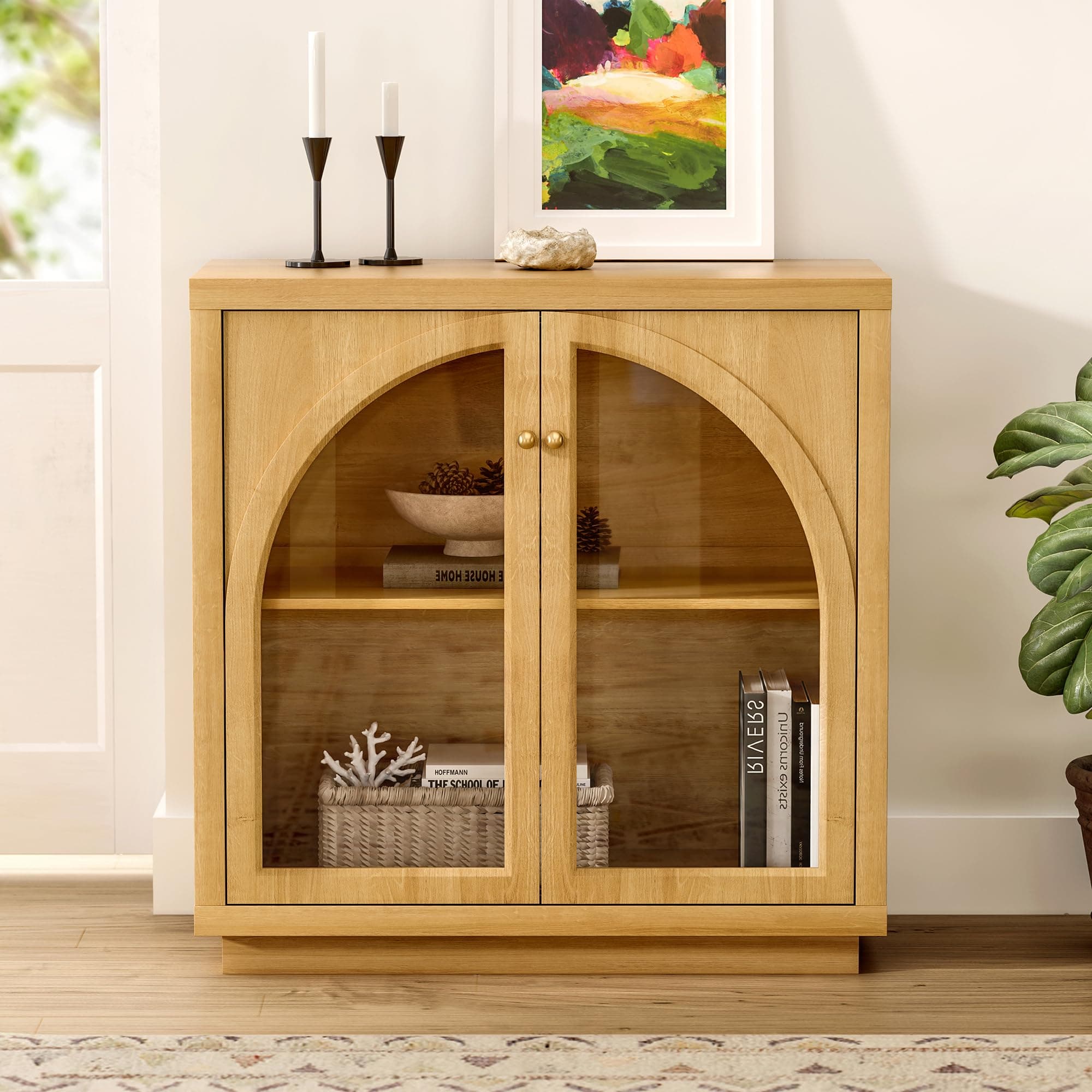 MoomJiee Modern Storage Cabinet, Arched Cabinet with Adjustable Shelves, Sideboard Buffet Accent Display with Acrylic Door for Living Room, Dining Room, Entryway(Natural Oak)