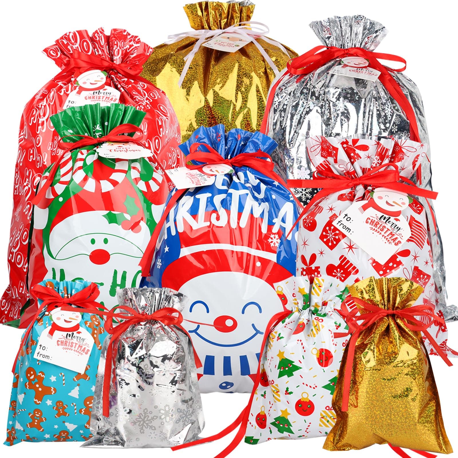 Giiffu 40-Pack Holiday Drawstring Gift Bags with Tags – Reusable Christmas Foil Gift Wrapping Bags in XL, Large, Medium, and Small for Xmas Presents, Party Favors & Holiday Gifts