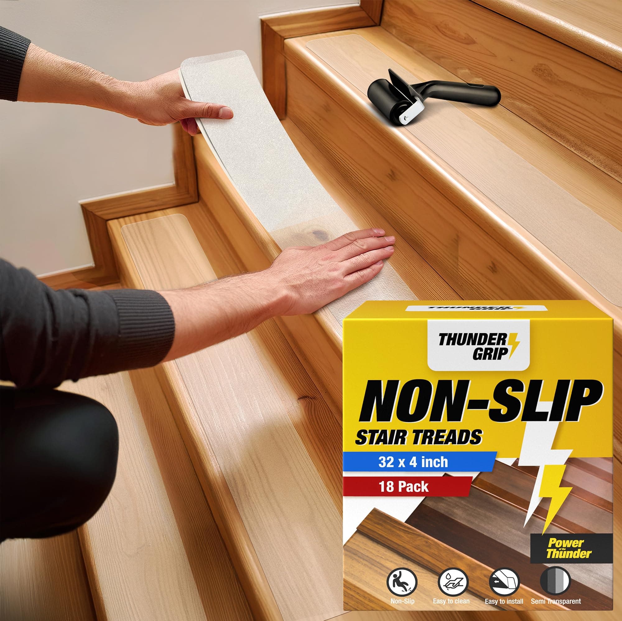 THUNDER GRIP 32"x4" Peldaños Antideslizantes Transparentes para Escalones de Madera (Paquete de 18) - Tiras Autoadhesivas - Transparente para Interiores