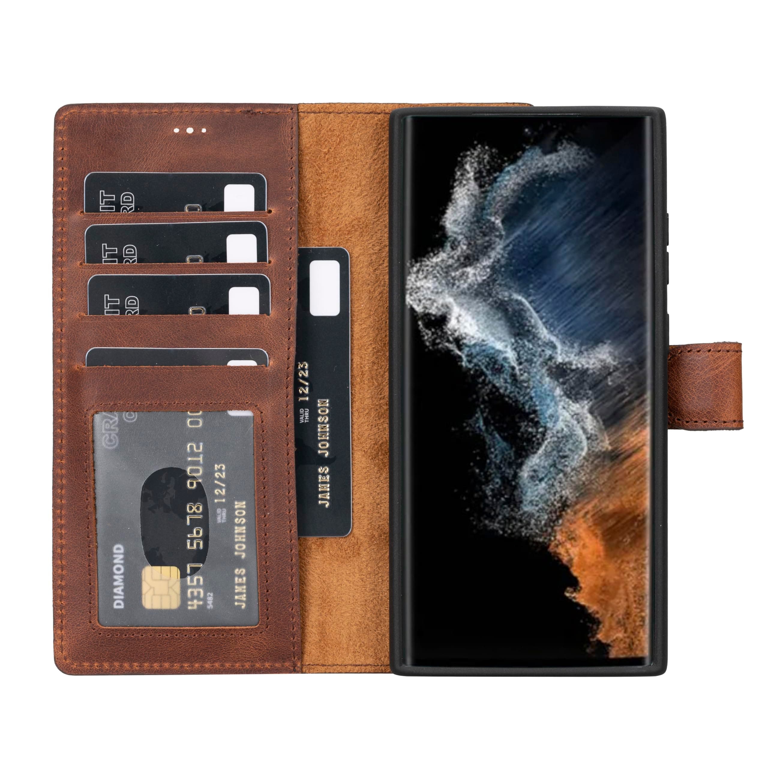 HARDISTON Genuine Premium Leather Wallet Case Compatible Galaxy S23 Ultra - Handmade - Detachable Strong Magnetic Flip Cover with Card Holders and Kickstand - Perfect Protection for All Edges (Brown)