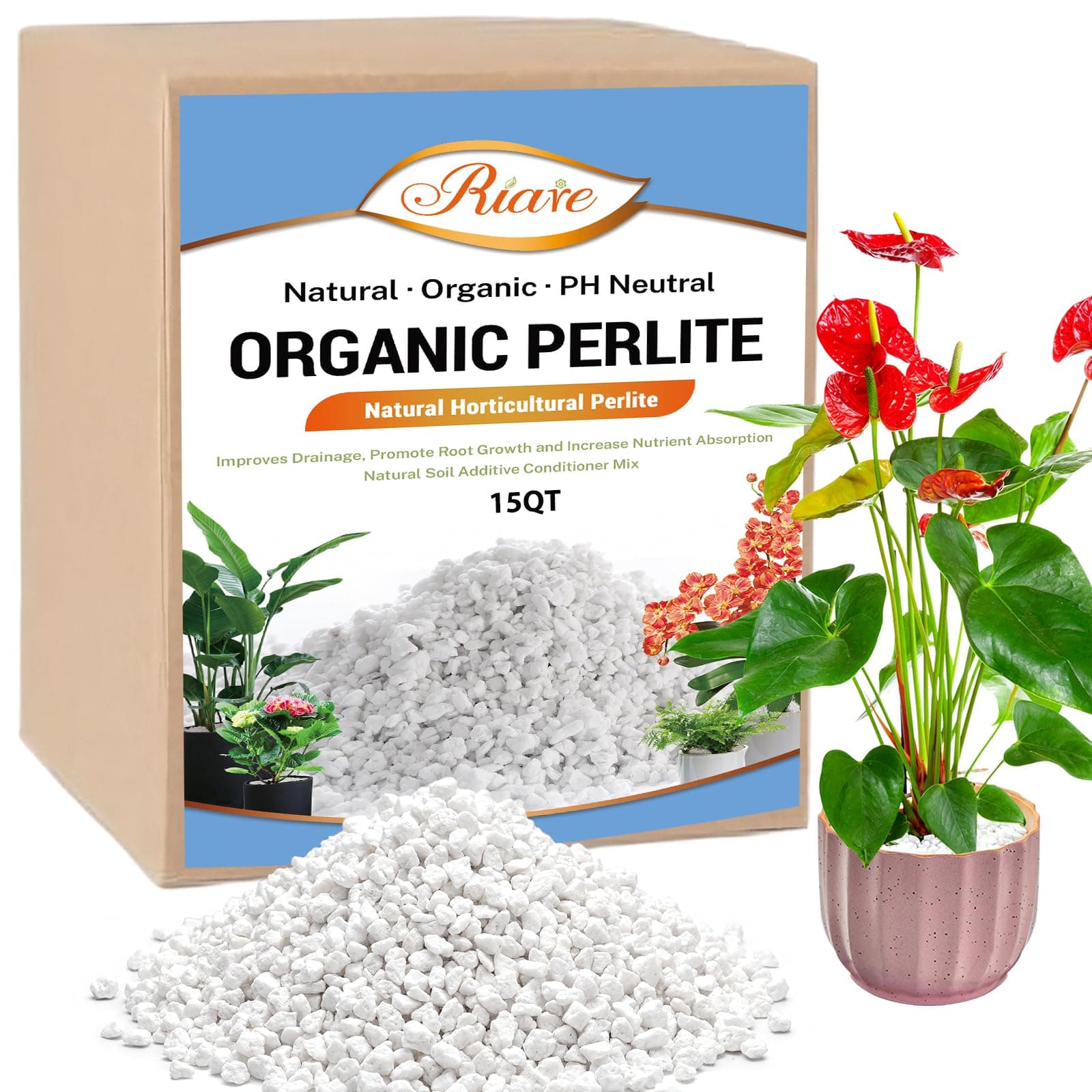 Riare 15 Quarts Organic Perlite for Plants - Horticultural Perlite Soil Amendment for Plants Potting Mix, Natural Chunky Soil Additive Conditioner Improve Root Growth, Drainage and Ventilation