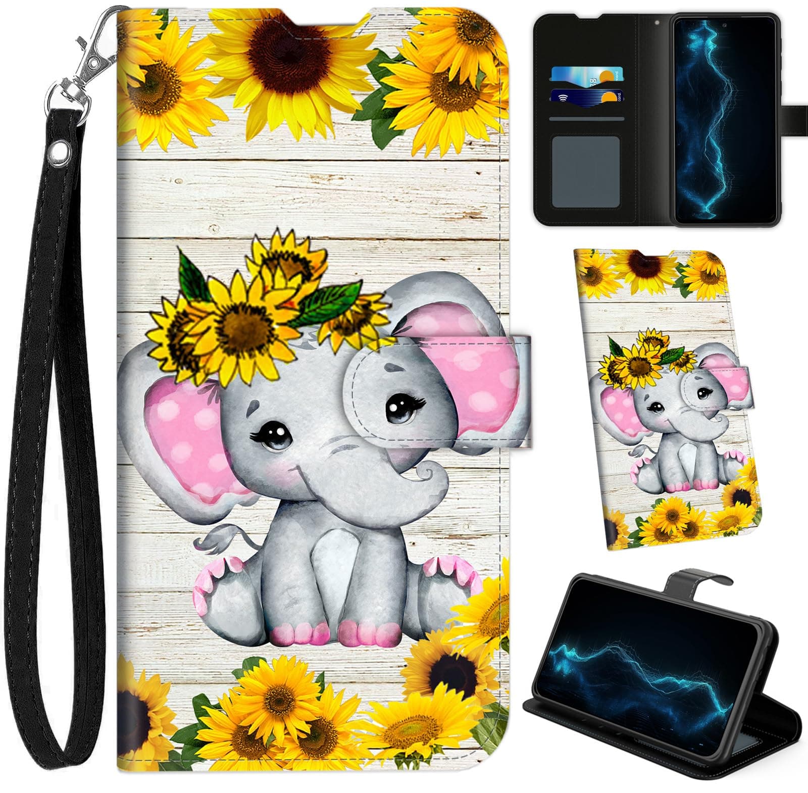 BVCLKJPOI Wallet Case for iPhone 16E 6.1" with Card Holder, RFID Blocking PU Leather Flip Folio with Kickstand, Wrist Strap, Shockproof Protective Phone Cover for Women Men, Sunflower Elephant