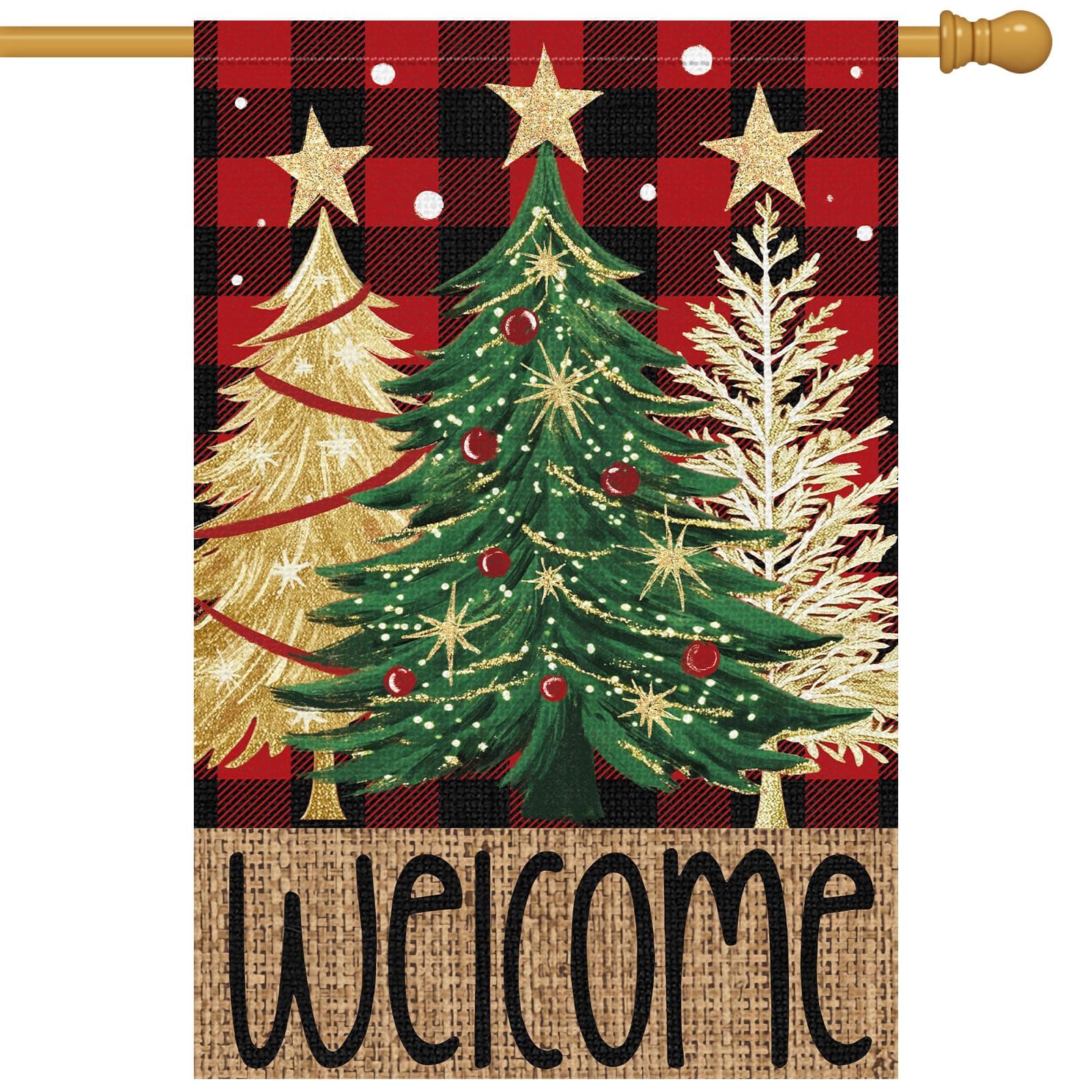 Heyfibro Welcome Christmas Garden Flag 28x40 Inch Double Sided Burlap, Christmas Tree Red Buffalo Plaid Yard Flags for Holiday Xmas Seasonal Outdoor Decoration(ONLY FLAG)