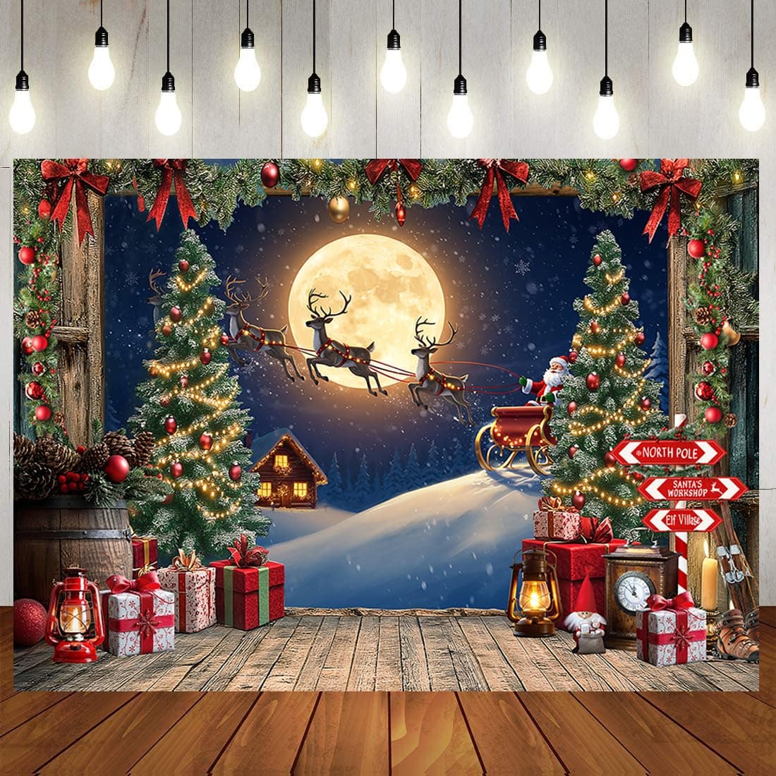 LTLYH 10x8ft Christmas Backdrop Santa Sleigh Reindeer Full Moon Winter Night Scene Backdrop, Xmas Tree Gift Photography Background Banner for Party Photo Booth Decor 349