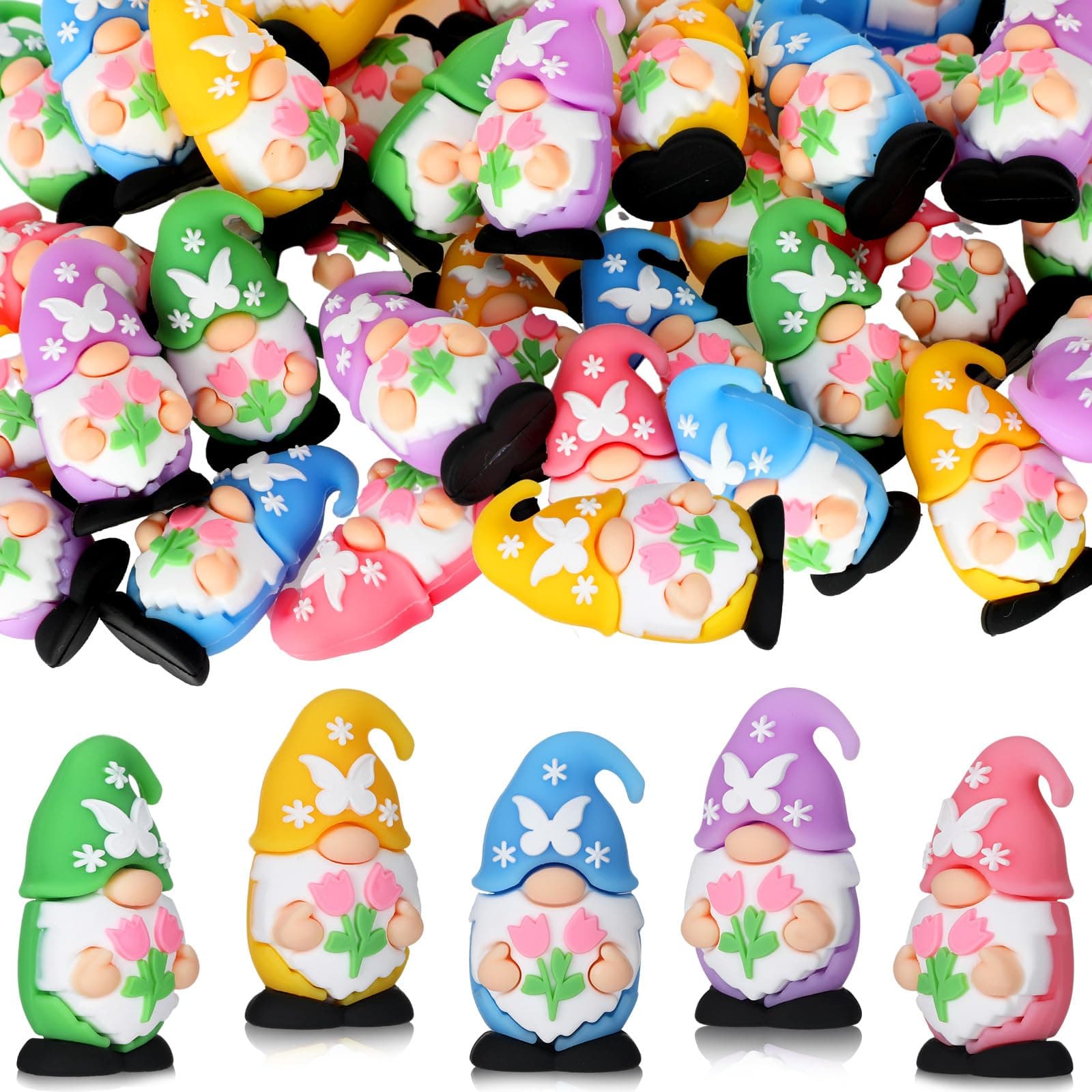 Lunmon 50 Pcs Spring Mini Rubber Gnomes Bulk 1.57 Inch Tiny Little Gnome Figurines Spring Table Decorations Rustic Tulip Flower Signs for Holiday Party Outdoor Indoor Decor