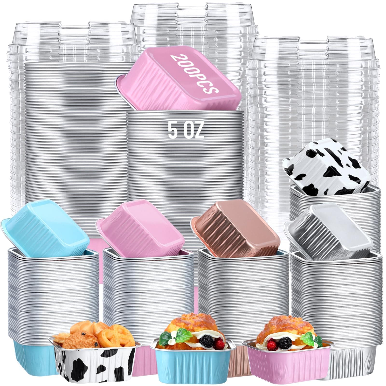 FoldTier 200 Pcs 5 oz Mini Square Baking Pan with Lid Aluminum Foil Cupcake Pan Brownie Baking Cup Disposable Ramekins Individual Tin Dessert Containers for Kitchen Food, Grade Material, Multicolor