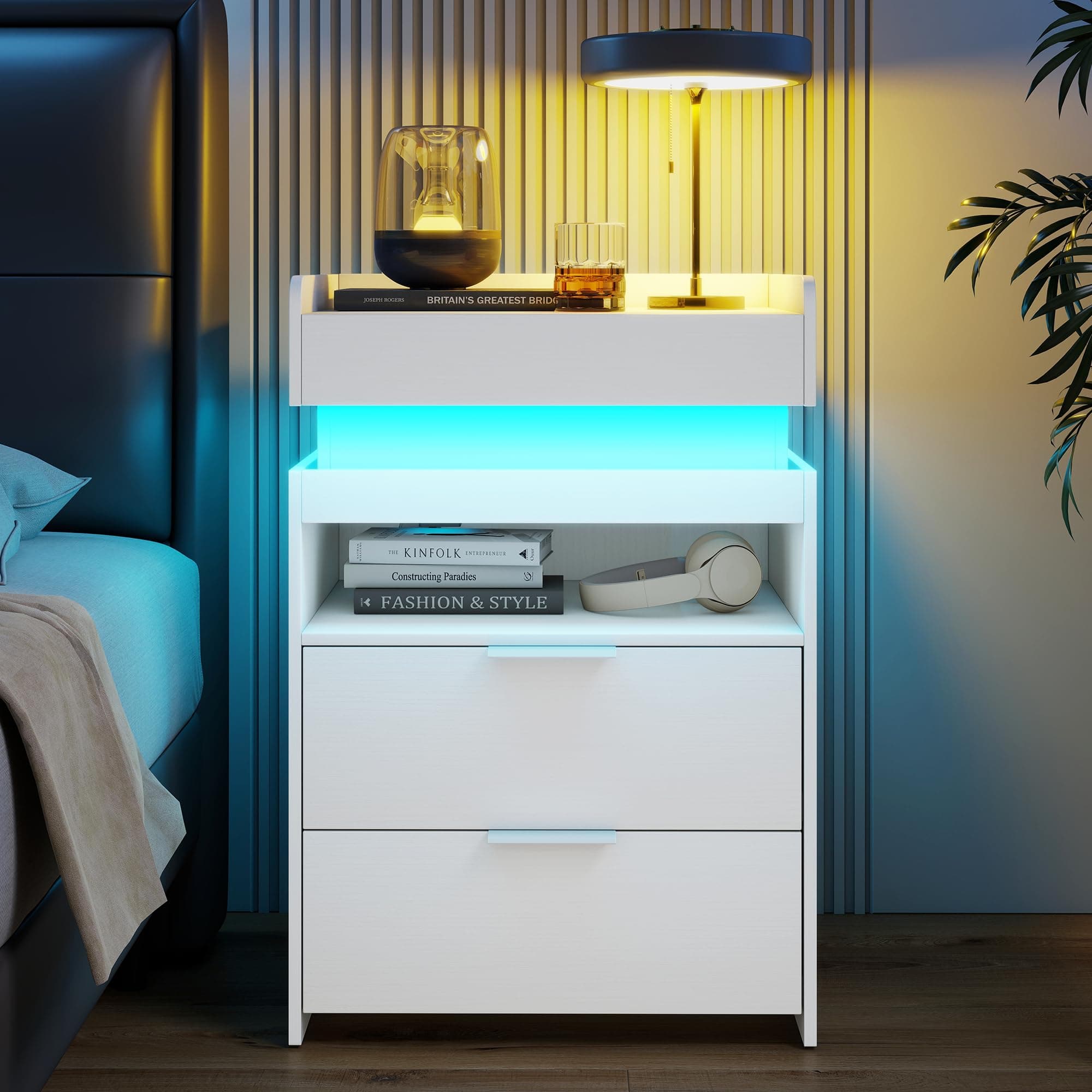 Turosur Modern Nightstand with Charging Station & LED Lights, White