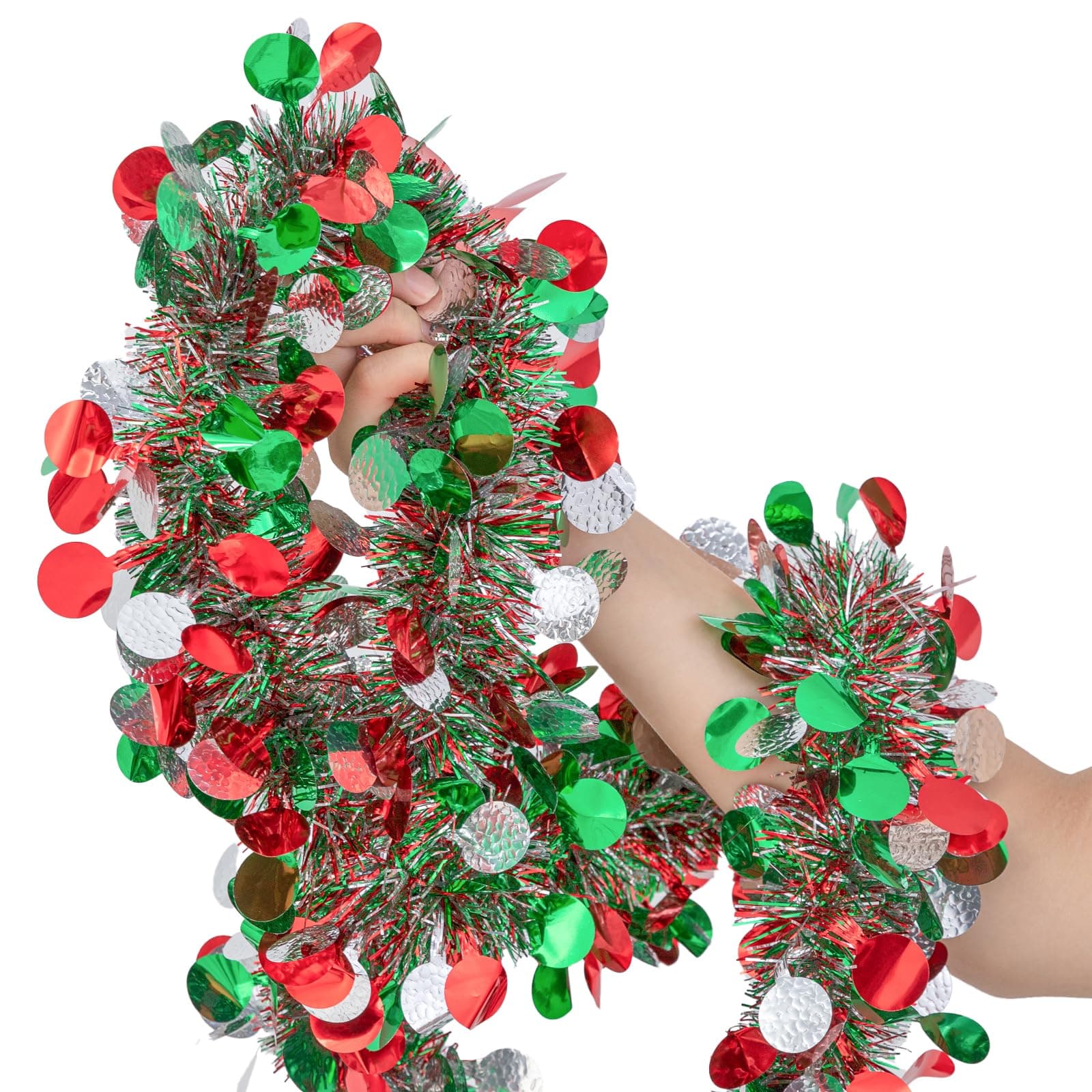 20FT/6M Christmas Tinsel Garland, Red Green Silver Metallic Twist Foil Tinsel Garland Shiny Christmas Hanging Decoration for Xmas Tree Decoration Wedding Party Supplies