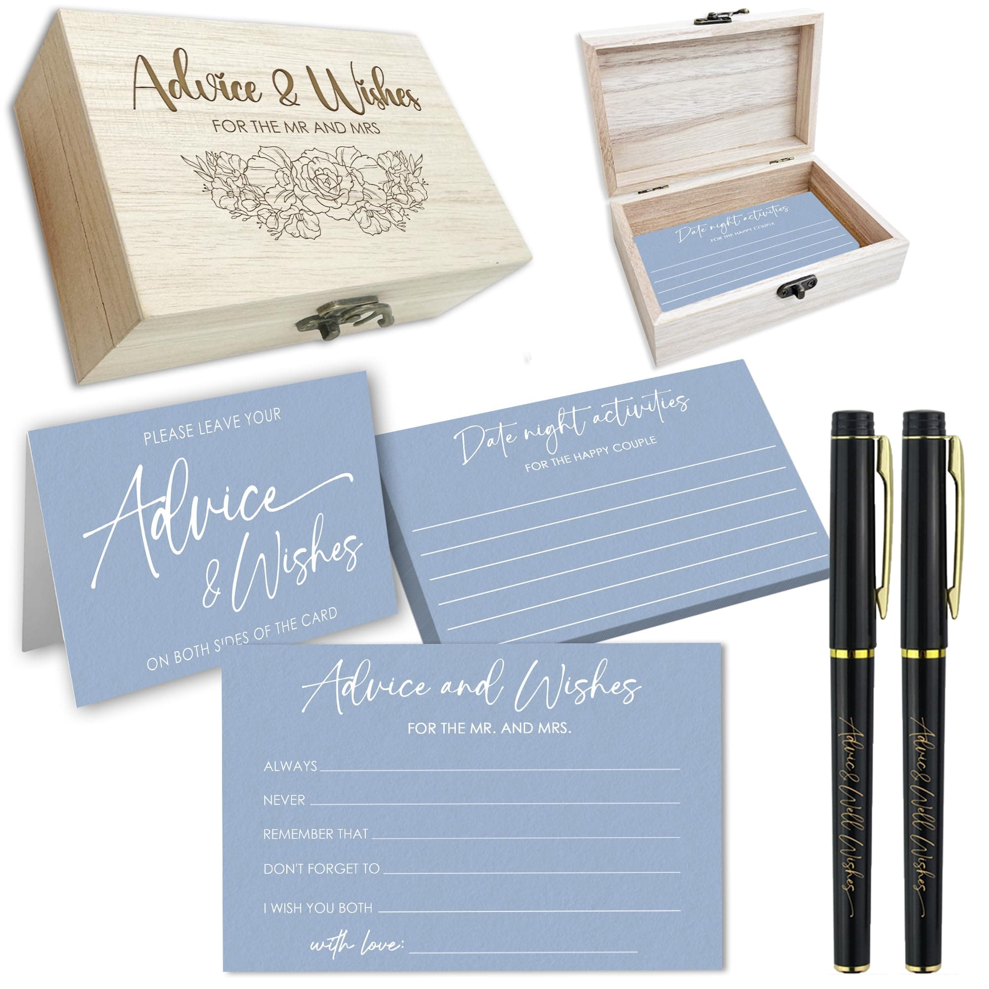 50Pcs Wedding Advice Cards with Wooden Box & 2 Black Pens - Minimalist Blue Bridal Shower Advice and Wishes for Mr & Mrs - Bridal Shower Game Decorations & Reception Party Supplies - A02