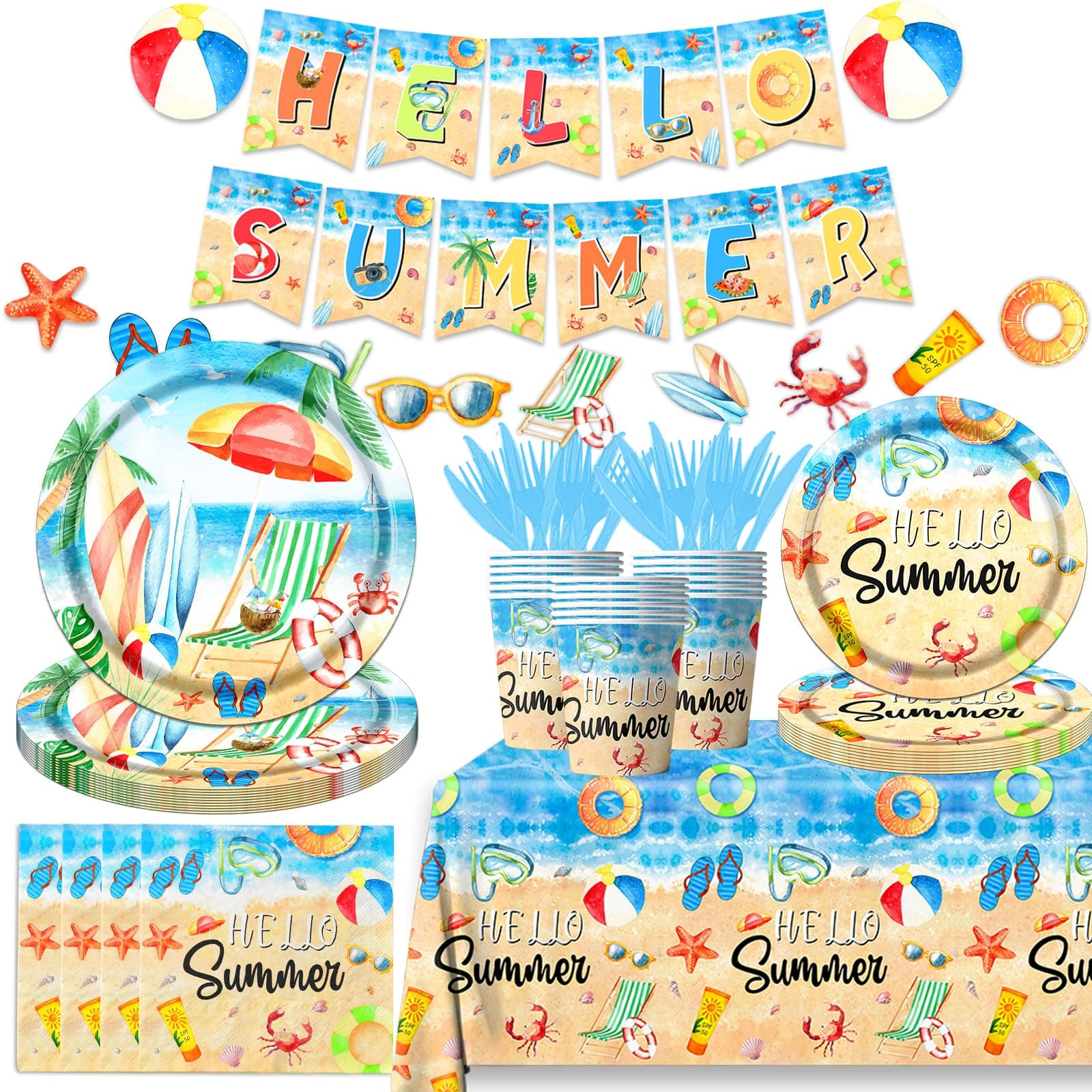 Hello Summer Party Decorations-142Pcs Beach Pool Party Paper Plates and Napkins Set Swimming Luca Themed Tableware Summer Party Supplies for Kids Birthday