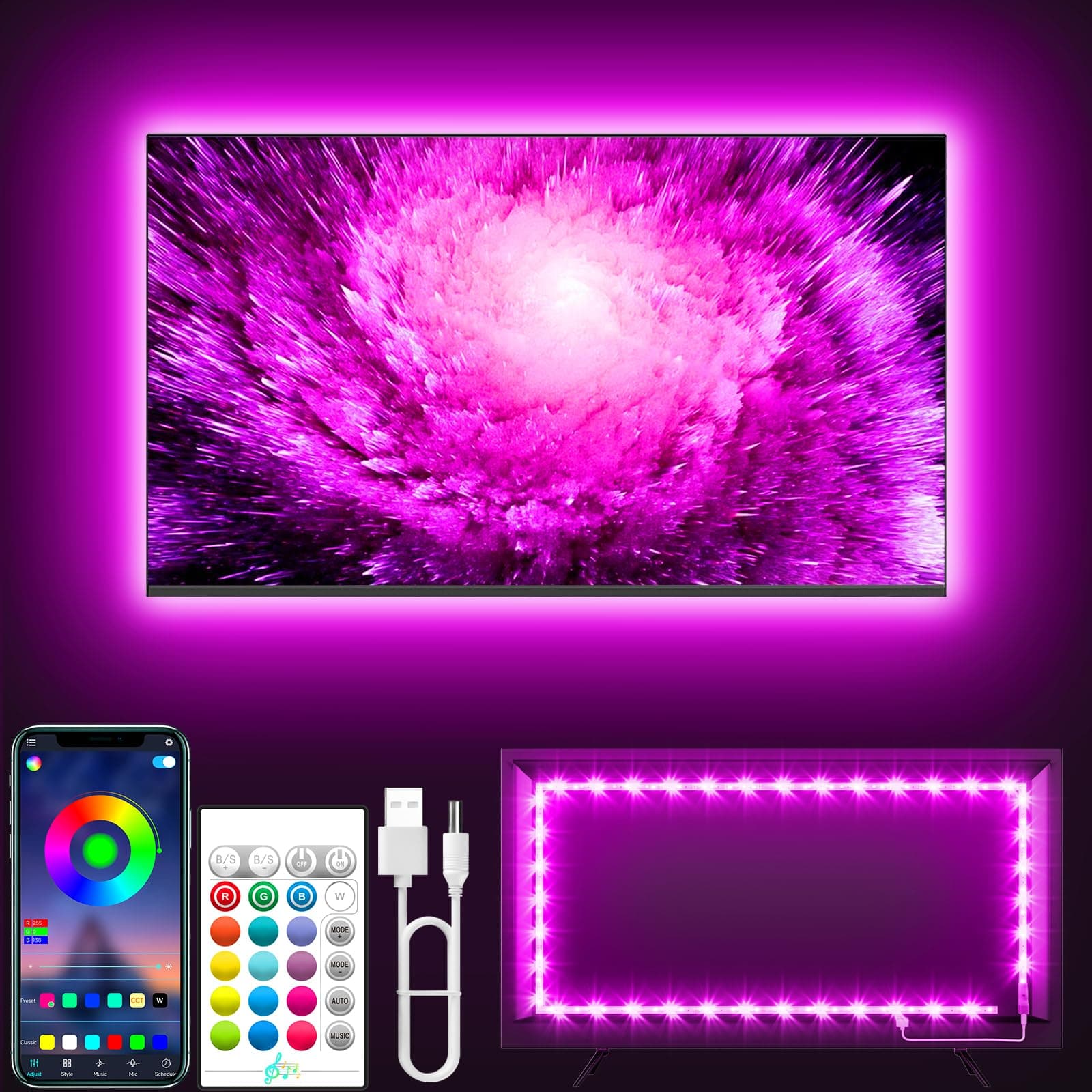 Tyute TV LED Backlight Strip, 13.1ft LED Lights for 40-65 inch TV Lighting