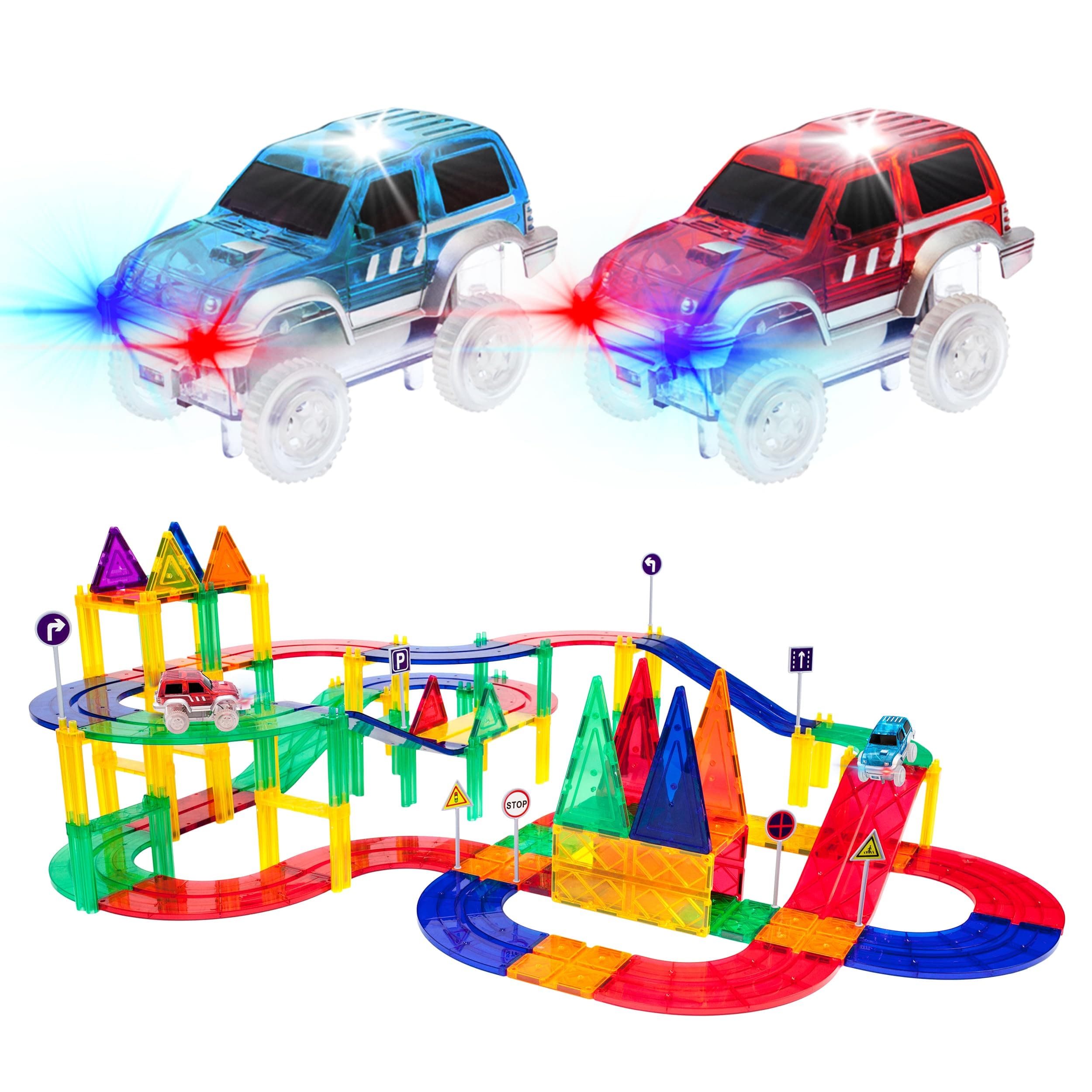 PicassoTiles 80 Piece Magnetic Race Track Building Set, LED Cars, Ages 3+