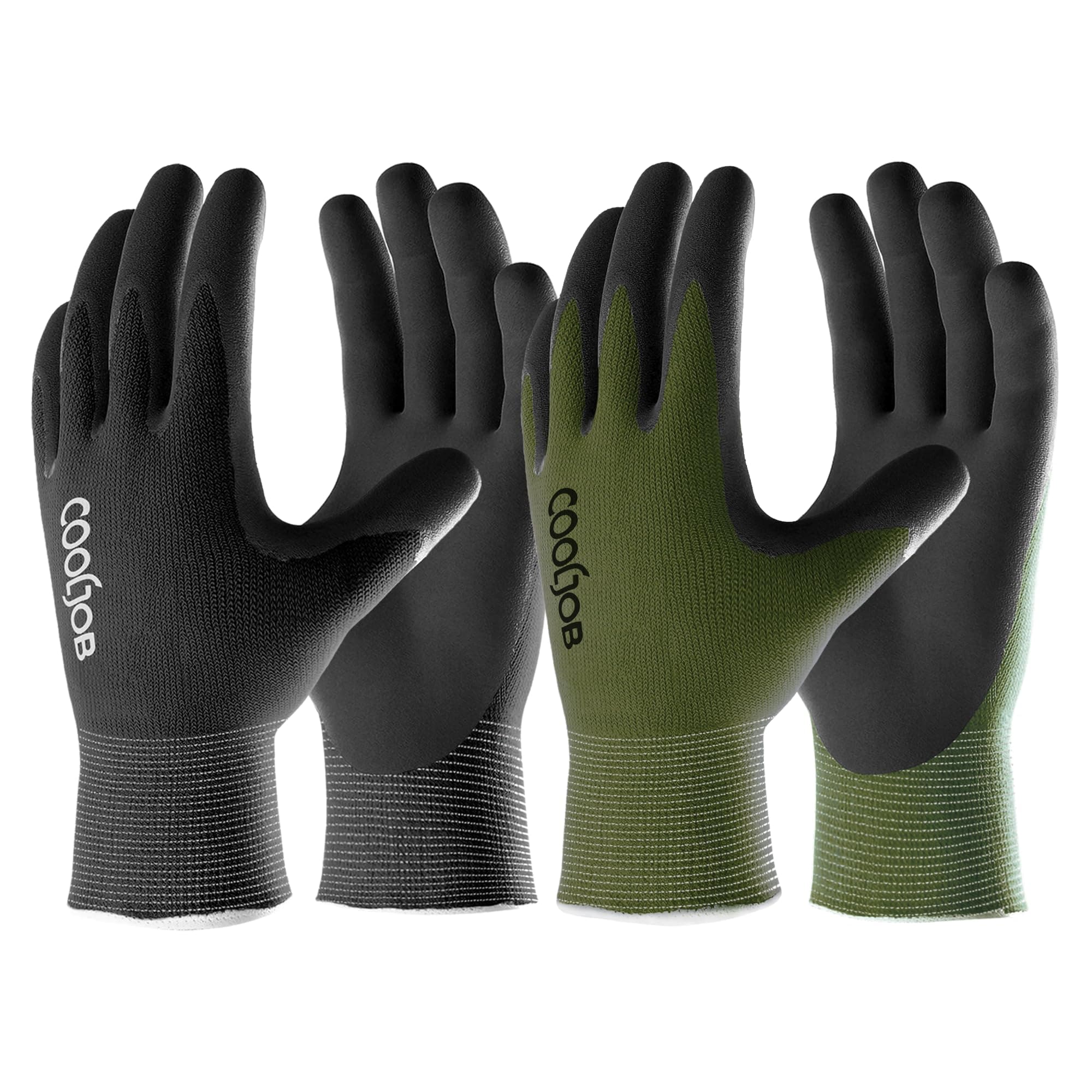 COOLJOB 6 Pairs Work Gloves, Rubber Coated Palm, Black & Green, Size M-XL