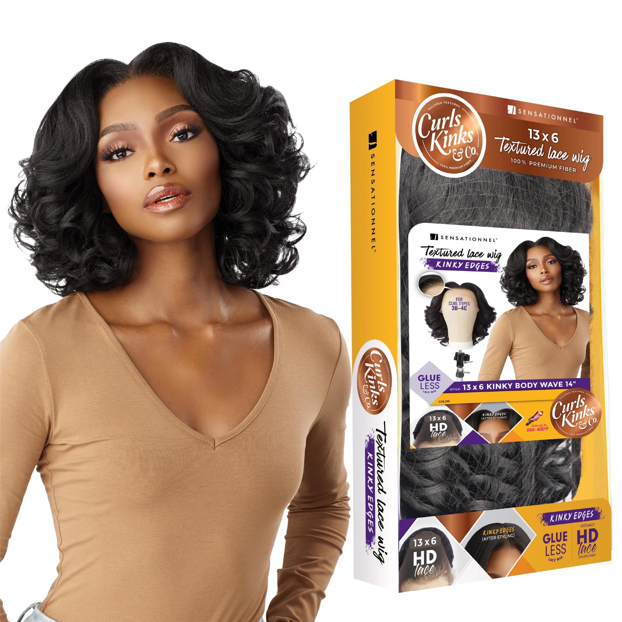 Sensationnel Curls Kinks&Co Synthetic Textured Lace Front Wig - 13X6 Kinky Body Wave 14" (Color:BALAYAGE MOCHA)