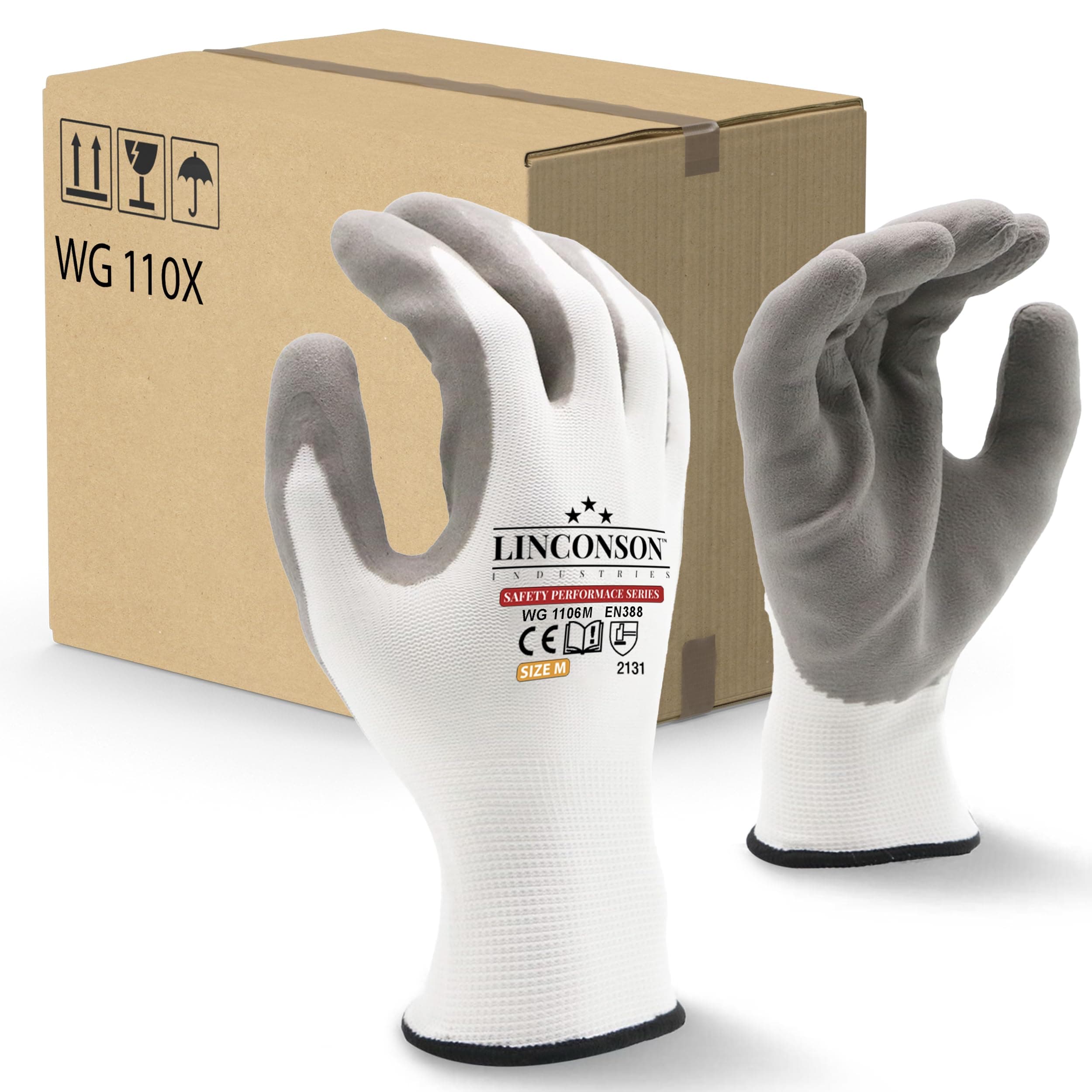 LINCONSON 12 Pack Safety Performance Series Work Gloves - White, M, Breathable, Latex-Free