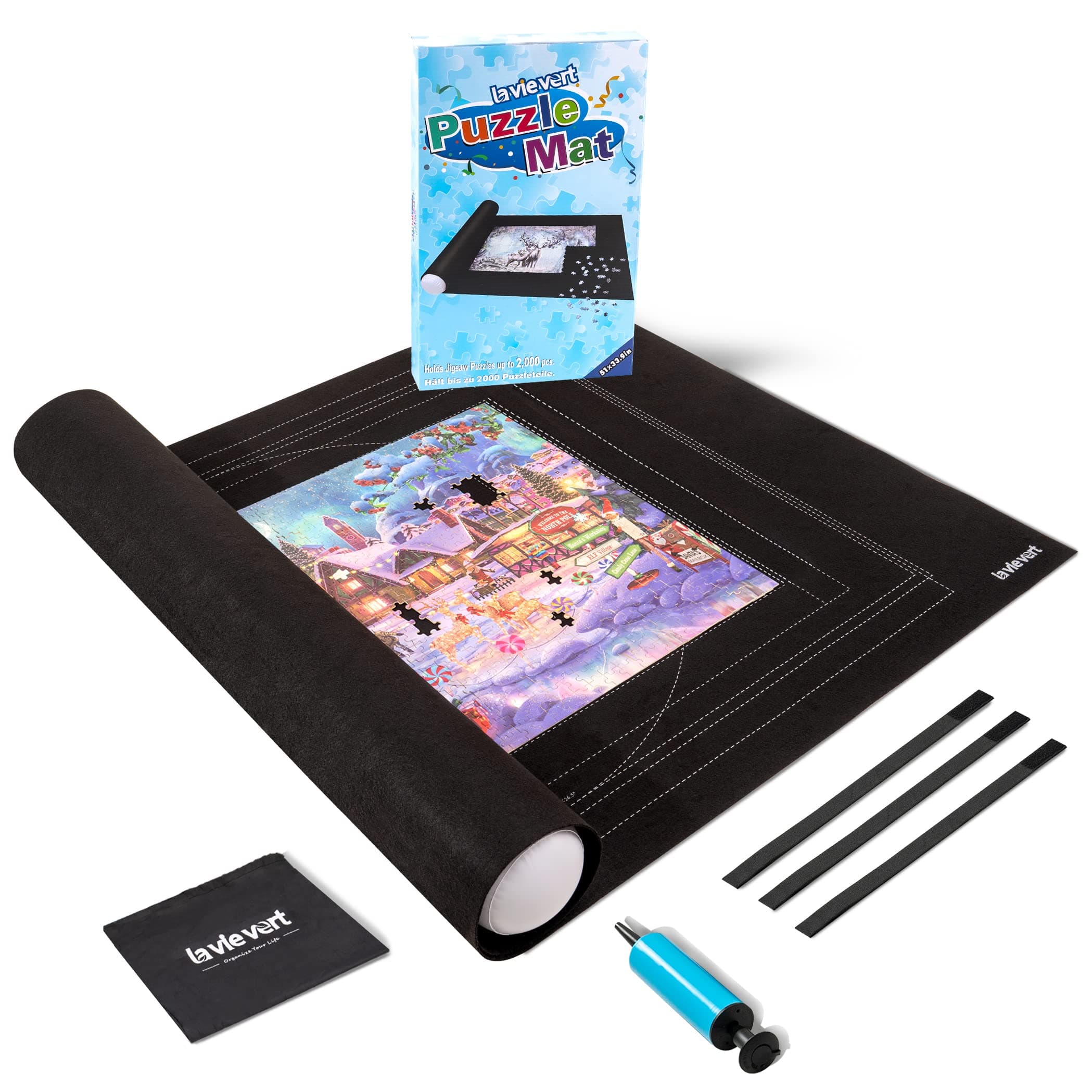Lavievert Jigsaw Puzzle Mat Roll Up with Unique Auxiliary Line Design for Up to 2000 Pieces Puzzle, Portable Puzzle Board Puzzle Saver Holder with Storage Bag & Hand Pump for Adults & Kids