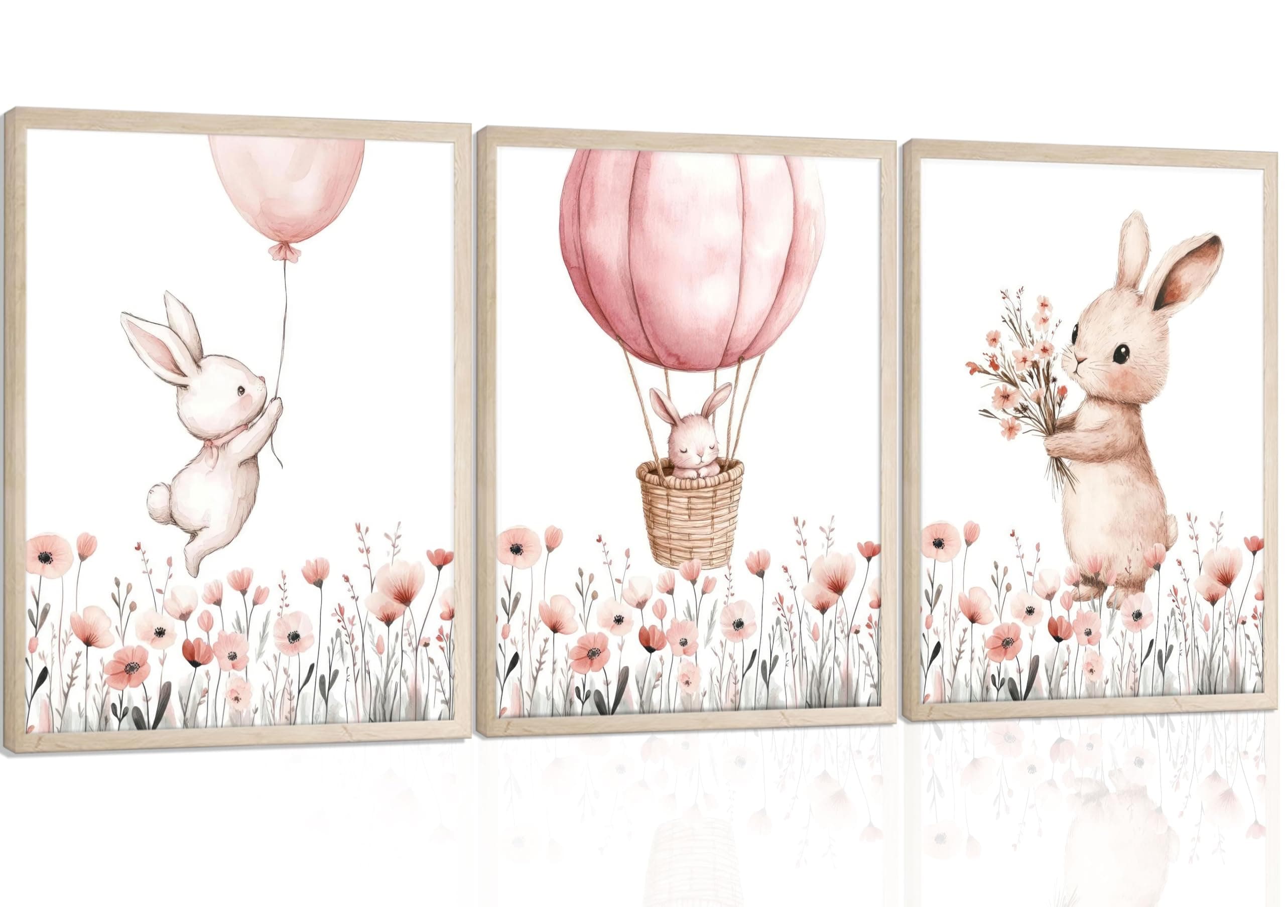 3Pcs Bunny Nursery Wall Art Pink Rabbit Wildflowers Wall Decor Unframed