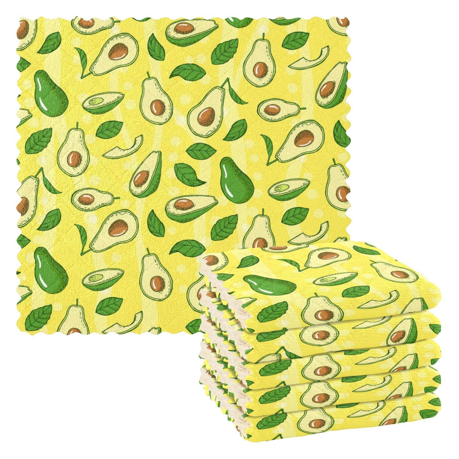 GEDAKO Kitchen Dish Cloths Towels Reusable Super Absorbent Cleaning Dish Rags Nonstick Oil Washable Fast Drying, 12x12 in 6 Pack (Cute Avocado Yellow Background)