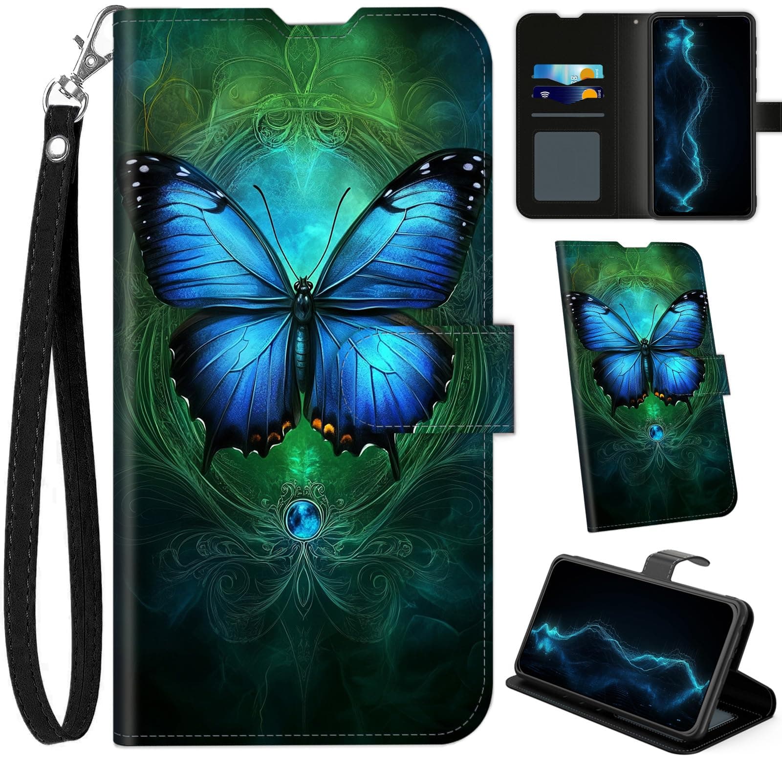BVCLKJPOI Wallet Case for iPhone 17 Air 6.5" with Card Holder, RFID Blocking PU Leather Flip Folio with Kickstand, Wrist Strap, Shockproof Protective Phone Cover for Women Men, Elegant Blue Butterfly