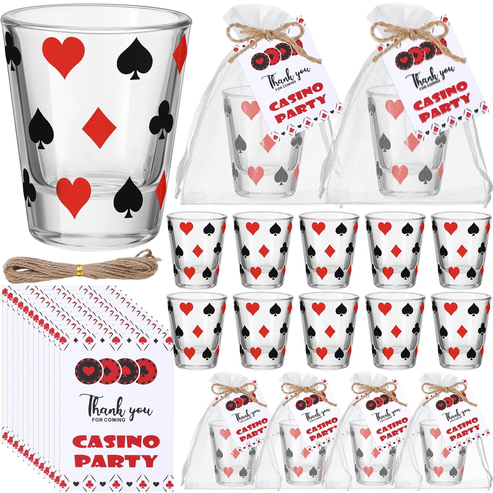 Teenyyou 12 Set Casino Shot Glasses Party Favors 1.8 oz Glass Drinking Cups with Tag Organza Bag Poker Party Supplies for Las Vegas