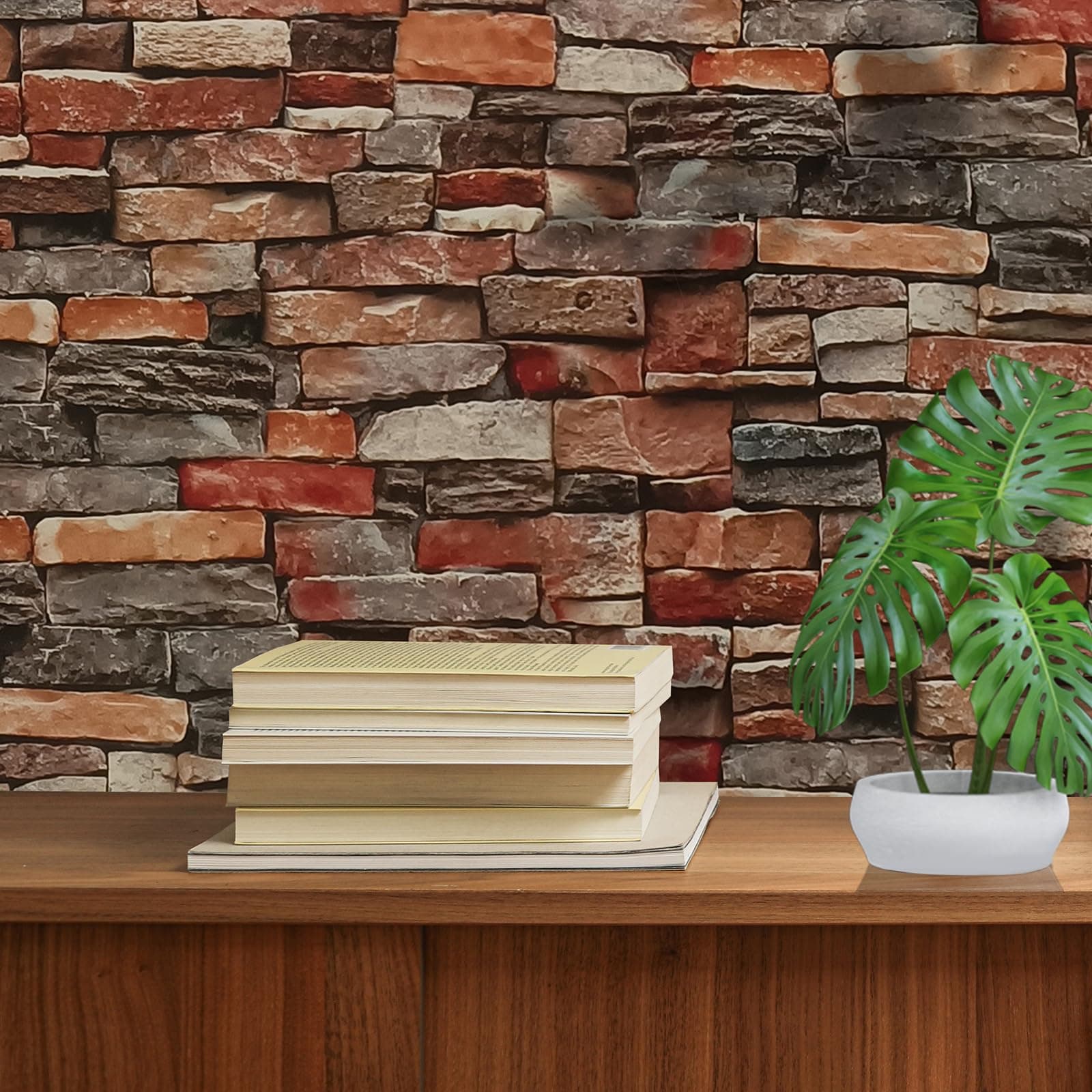 ConCus-T 17.7" x 256" Red Brick Peel and Stick Wallpaper Faux Stone Brick Wallpaper Self-Adhesive Removable for Walls Backsplash Fireplace