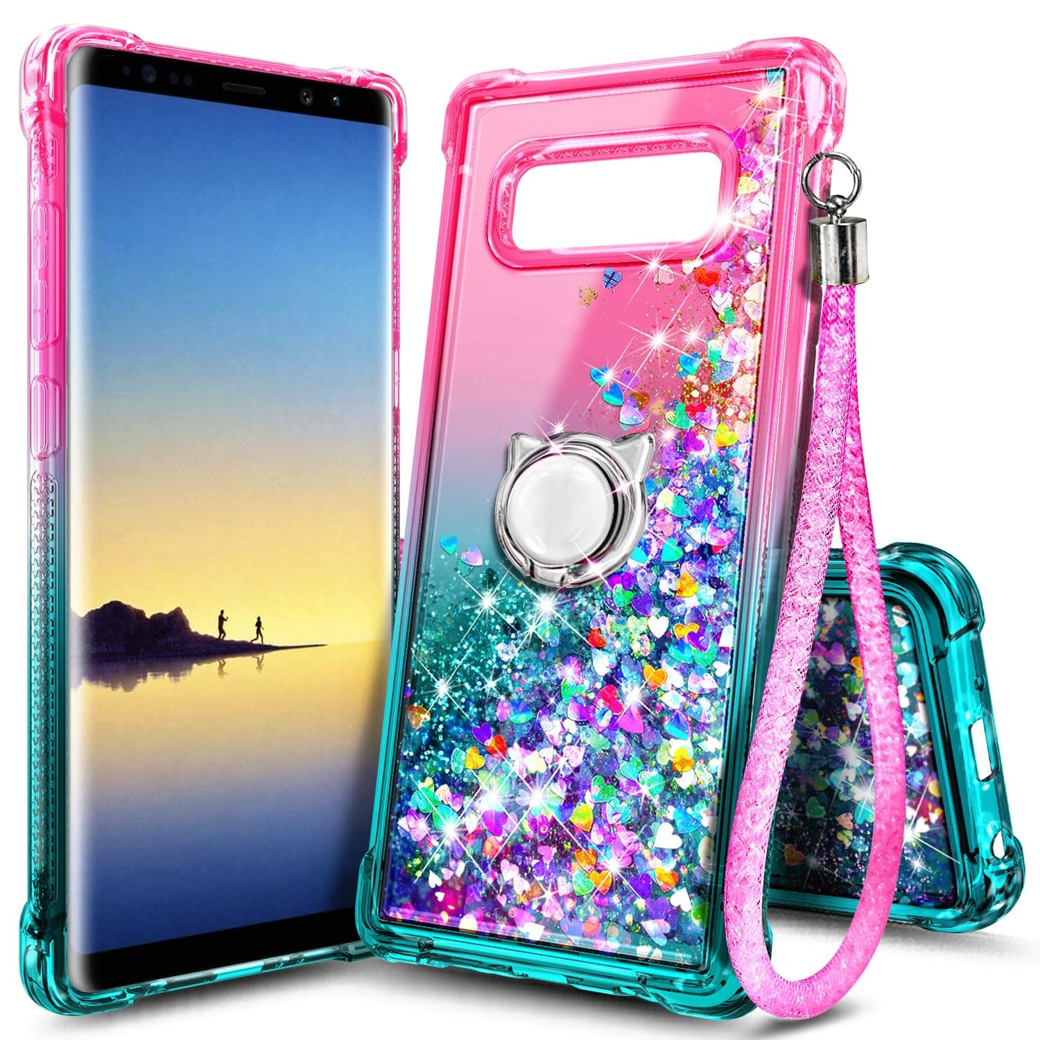 NZND for Galaxy Note 8 Phone Case, Cute Liquid Glitter, Pink/Aqua