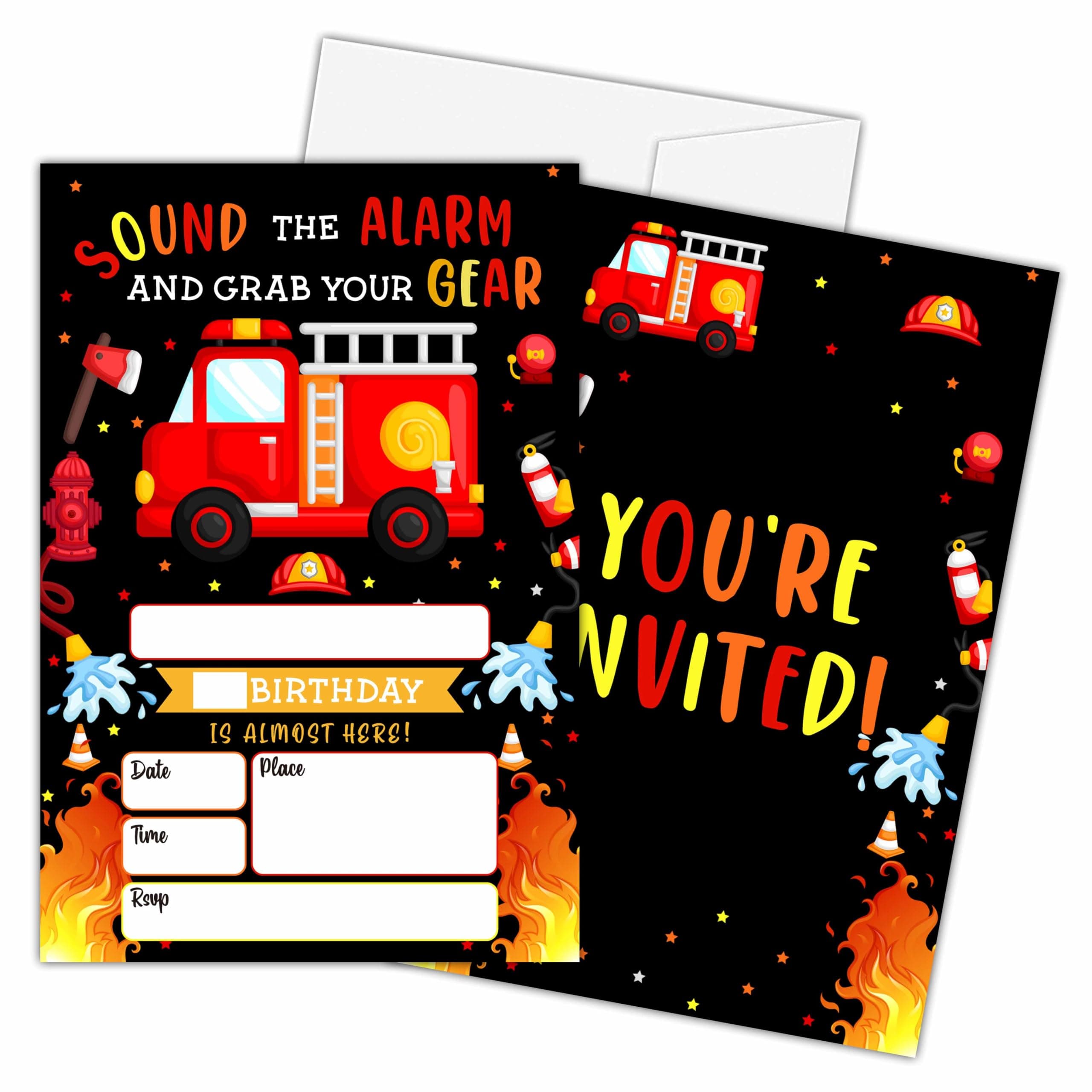 Zmyollo Firetruck Birthday Invitations with Envelopes - 20PCS Firefighter Party Birthday Invitations for Boys - Emergency Vehicles Themed Birthday Party Supplies Decorations -57