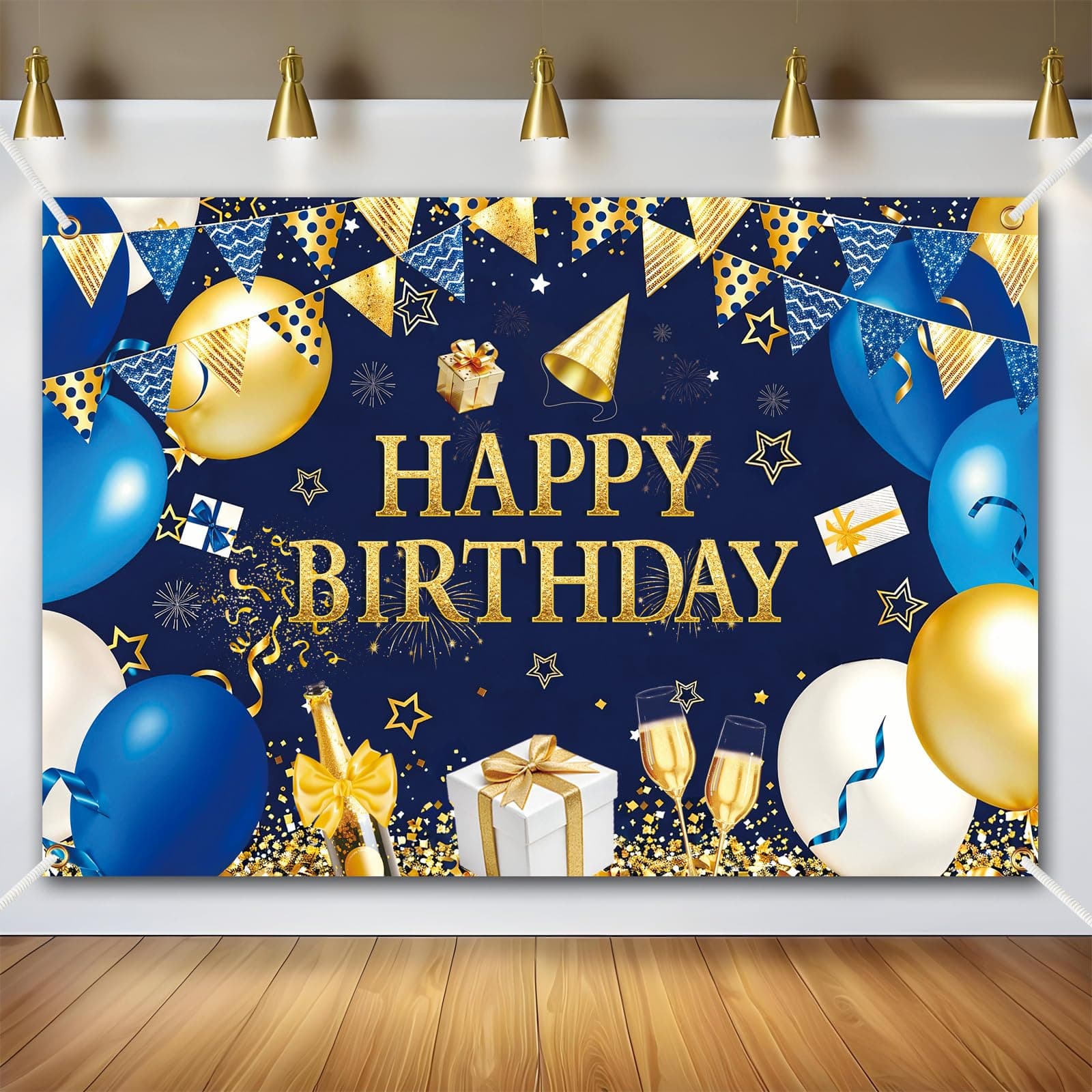 Lnkdeya Glitter Happy Birthday Banner Backdrop Sign, Metallic Golden & Navy Blue Party Decorations Photo Background for Adult Celebrations, 6ft x 3.6ft (72.8x43.3Inch)