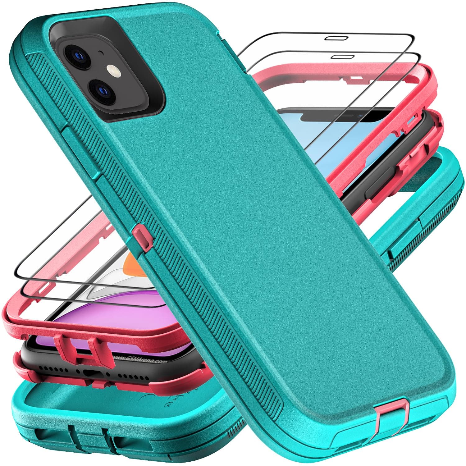 YKHJKLEC for iPhone 11 Case, Military Grade 3 in 1 Heavy Duty Shockproof/Drop Proof/Dust Proof Case with 2Pcs Tempered Glass Screen Protector (Aqua Blue/Pink)