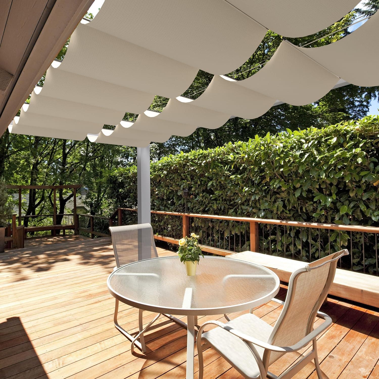 E&K 3'Wx16'L Waterproof Pergola Shade Cover Retractable Canopy Outdoor Wave Sun Shade for Patio Garden Backyard Deck Trellis (Beige)